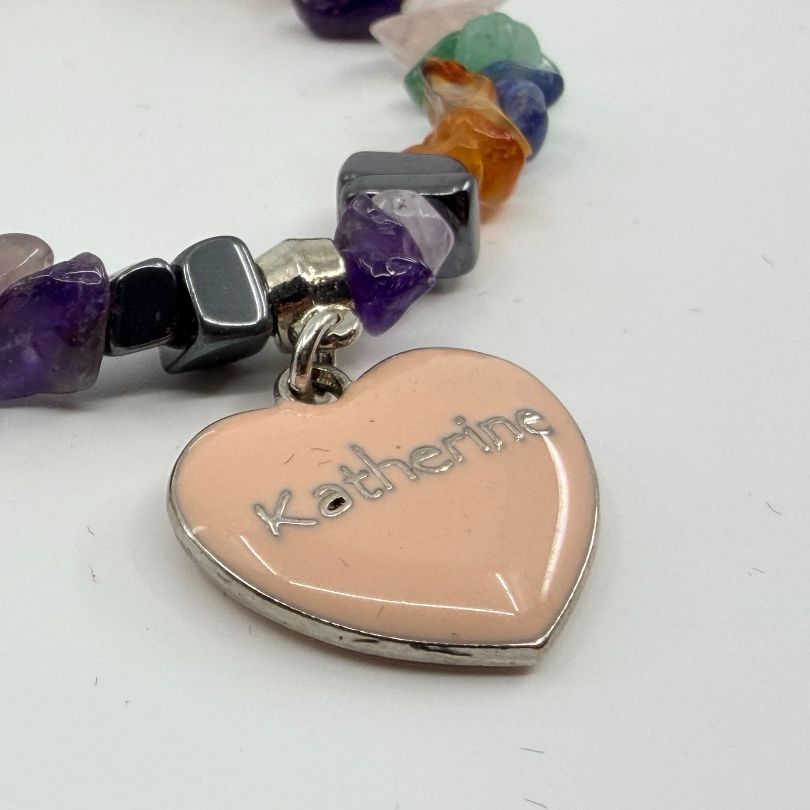 Multicolor Chip Bead Stretch Bracelet Katherine Heart Charm Personalized Boho - Thumbnail 6