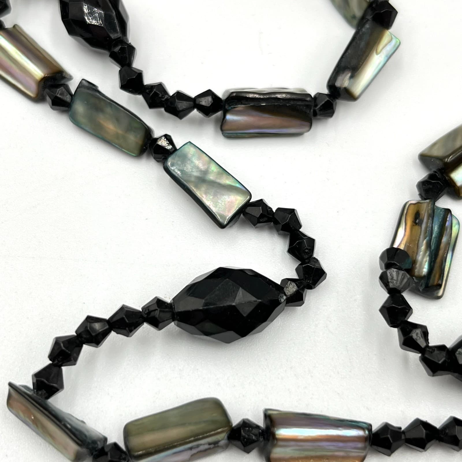 Vintage Y2K Black Bead & Iridescent Shell Long Layering Necklace Retro Boho - Thumbnail 8