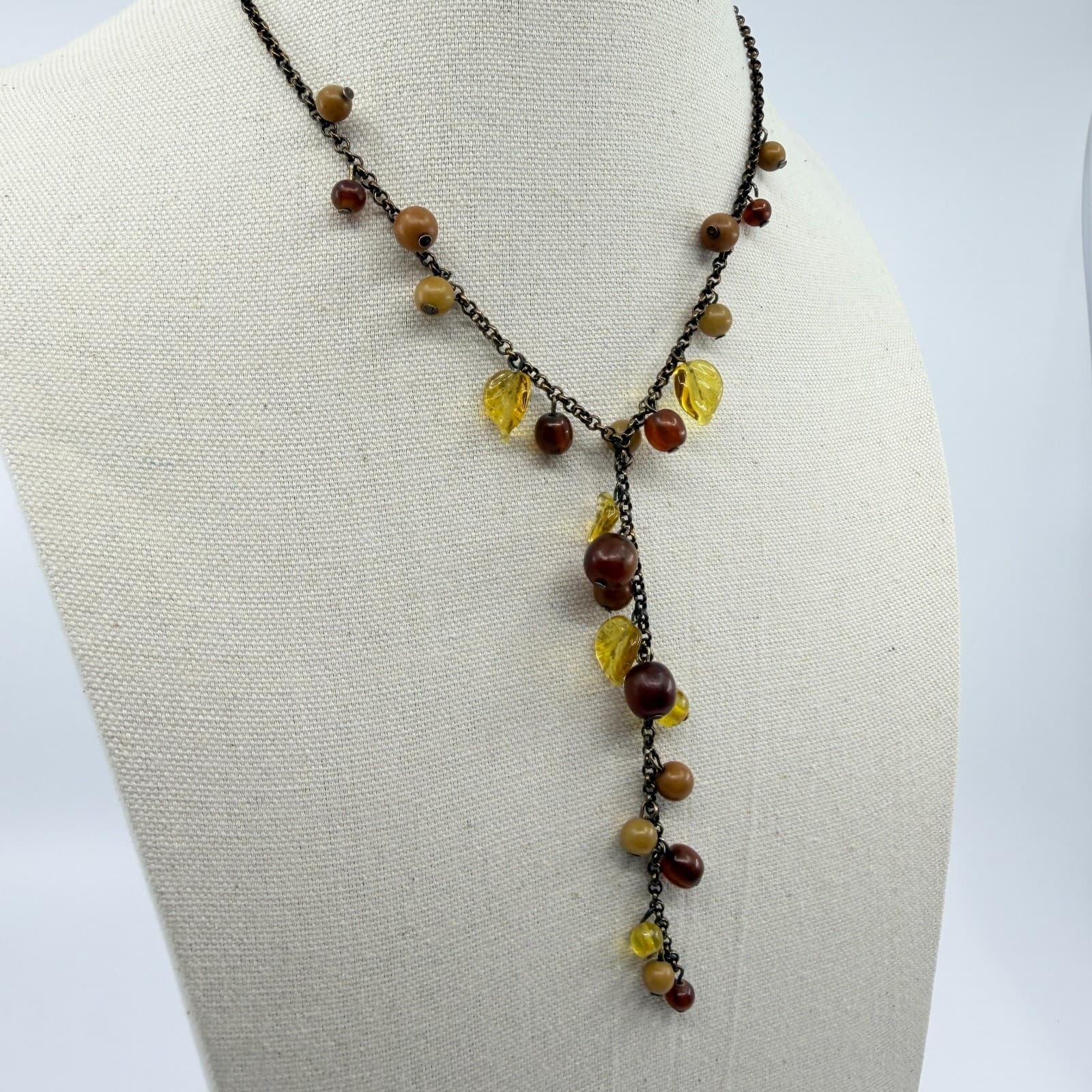Vintage Amber Tone Glass Bead Leaf Tassel Necklace Bronze Tone Chunky Statement - Thumbnail 5