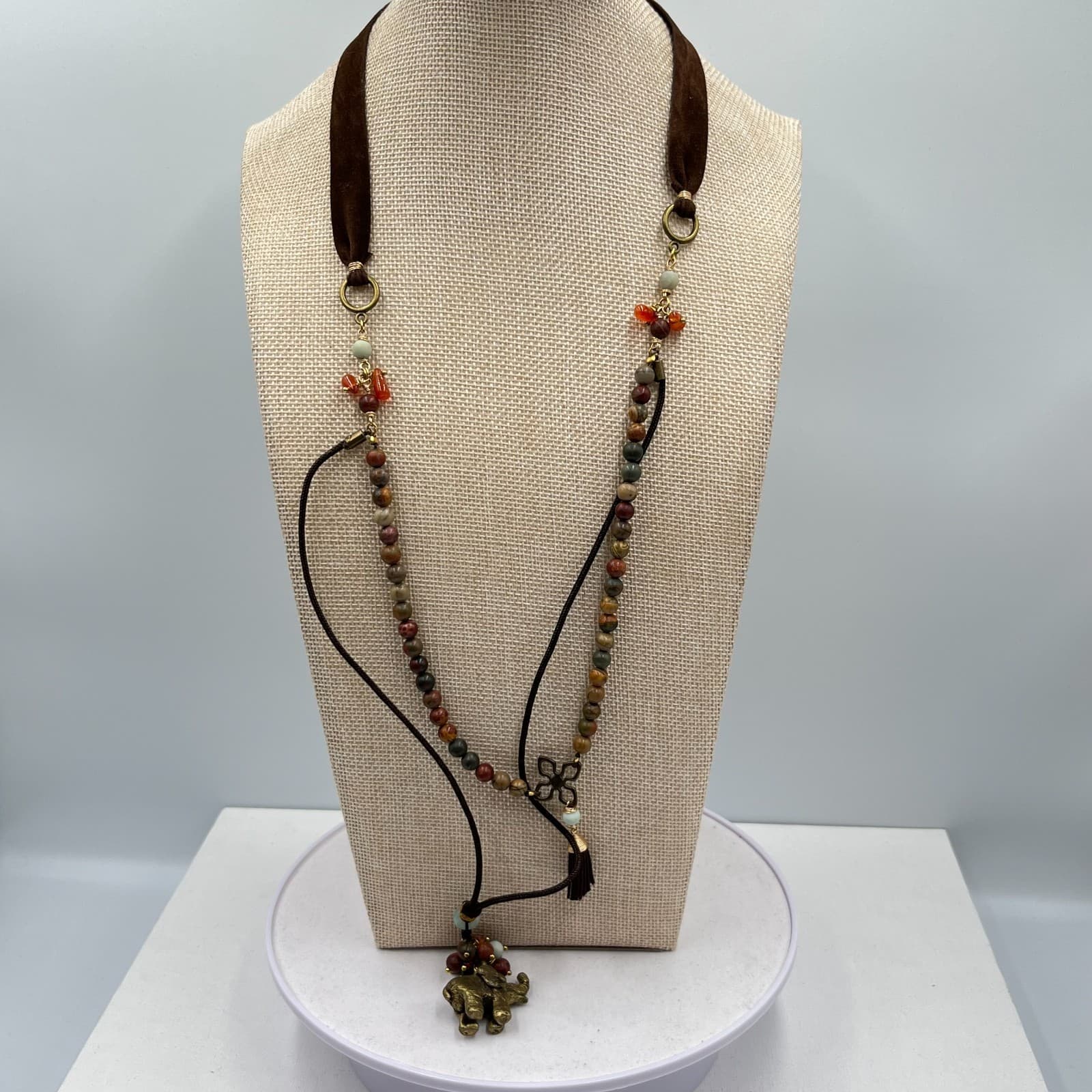 Vintage Boho Elephant Tassel Statement Necklace Mixed Stone Beaded Velvet Ribbon - Thumbnail 3