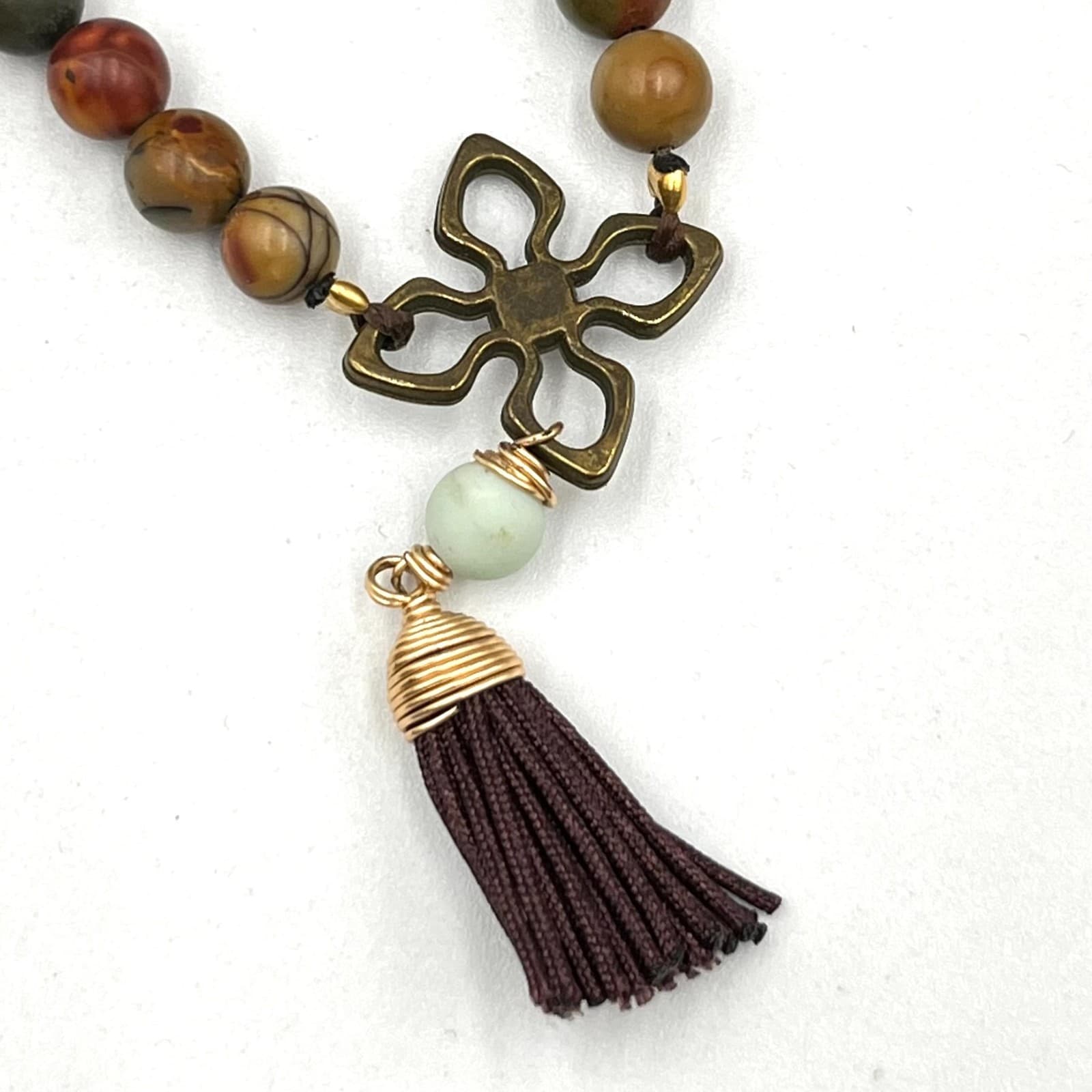 Vintage Boho Elephant Tassel Statement Necklace Mixed Stone Beaded Velvet Ribbon - Thumbnail 4