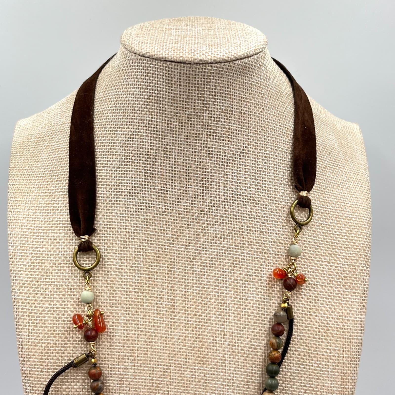 Vintage Boho Elephant Tassel Statement Necklace Mixed Stone Beaded Velvet Ribbon - Thumbnail 6