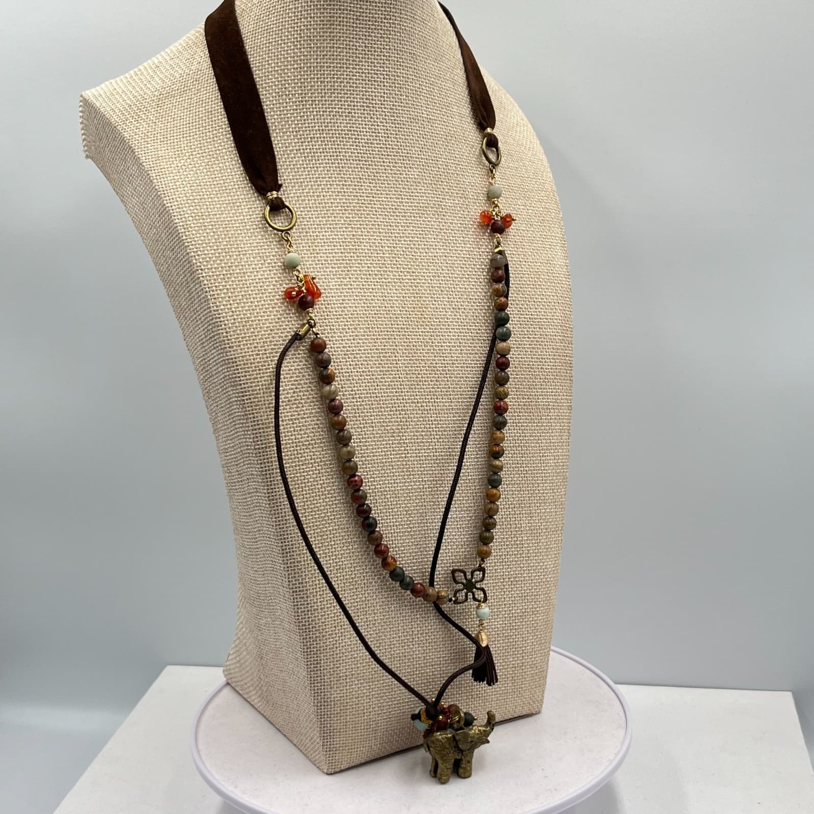 Vintage Boho Elephant Tassel Statement Necklace Mixed Stone Beaded Velvet Ribbon - Thumbnail 7