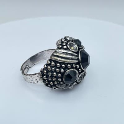 Vintage Silver-Tone Bohemian Oxidize Metal Bezel Faceted Beads Royal Shape Ring - Thumbnail 6