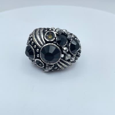 Vintage Silver-Tone Bohemian Oxidize Metal Bezel Faceted Beads Royal Shape Ring - Thumbnail 4
