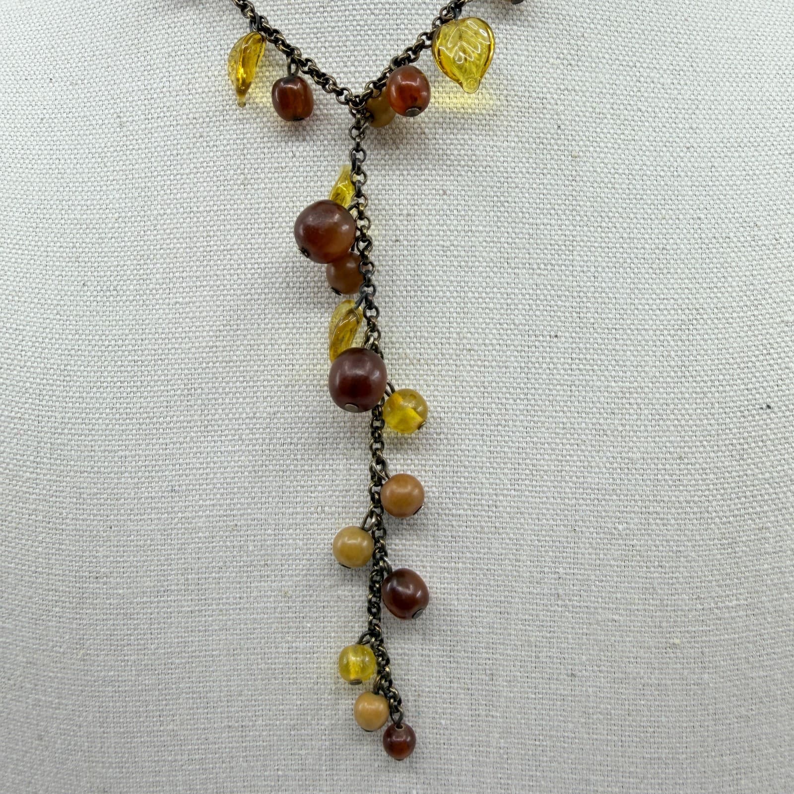 Vintage Amber Tone Glass Bead Leaf Tassel Necklace Bronze Tone Chunky Statement - Thumbnail 3