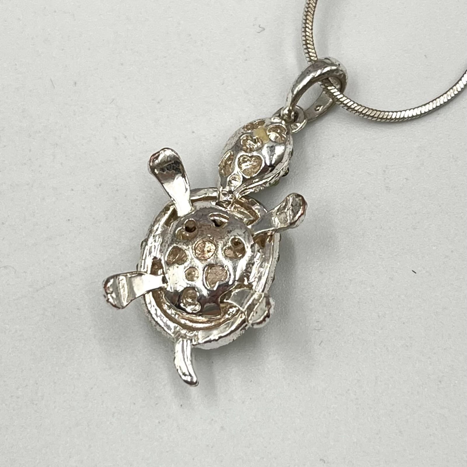 Vintage Retro Silver Tone Peridot Green Rhinestone Sea Turtle Pendant Necklace - Thumbnail 3