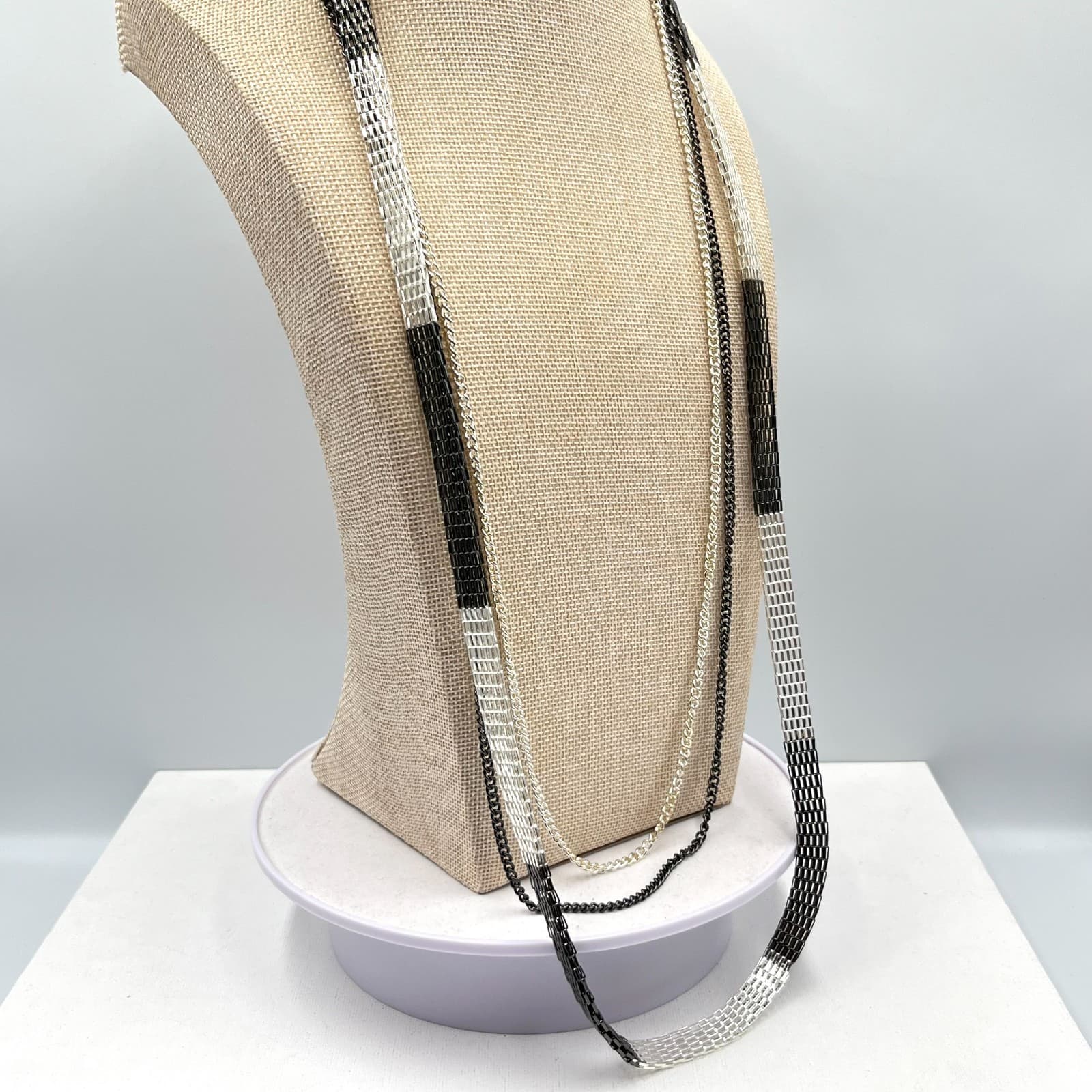 VTG NWT Layered Mesh & Curb Chain Long Layering Necklace Gunmetal Silver Tone - Thumbnail 3