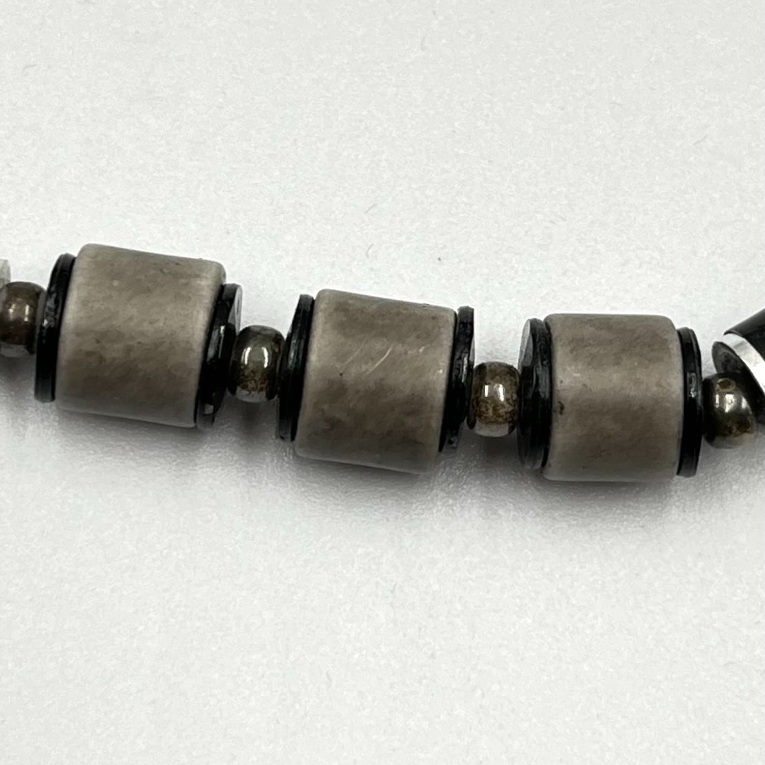 Vintage Retro Earthy Grey Stone & Wood Tube Bead Necklace Boho Tribal Style - Thumbnail 4