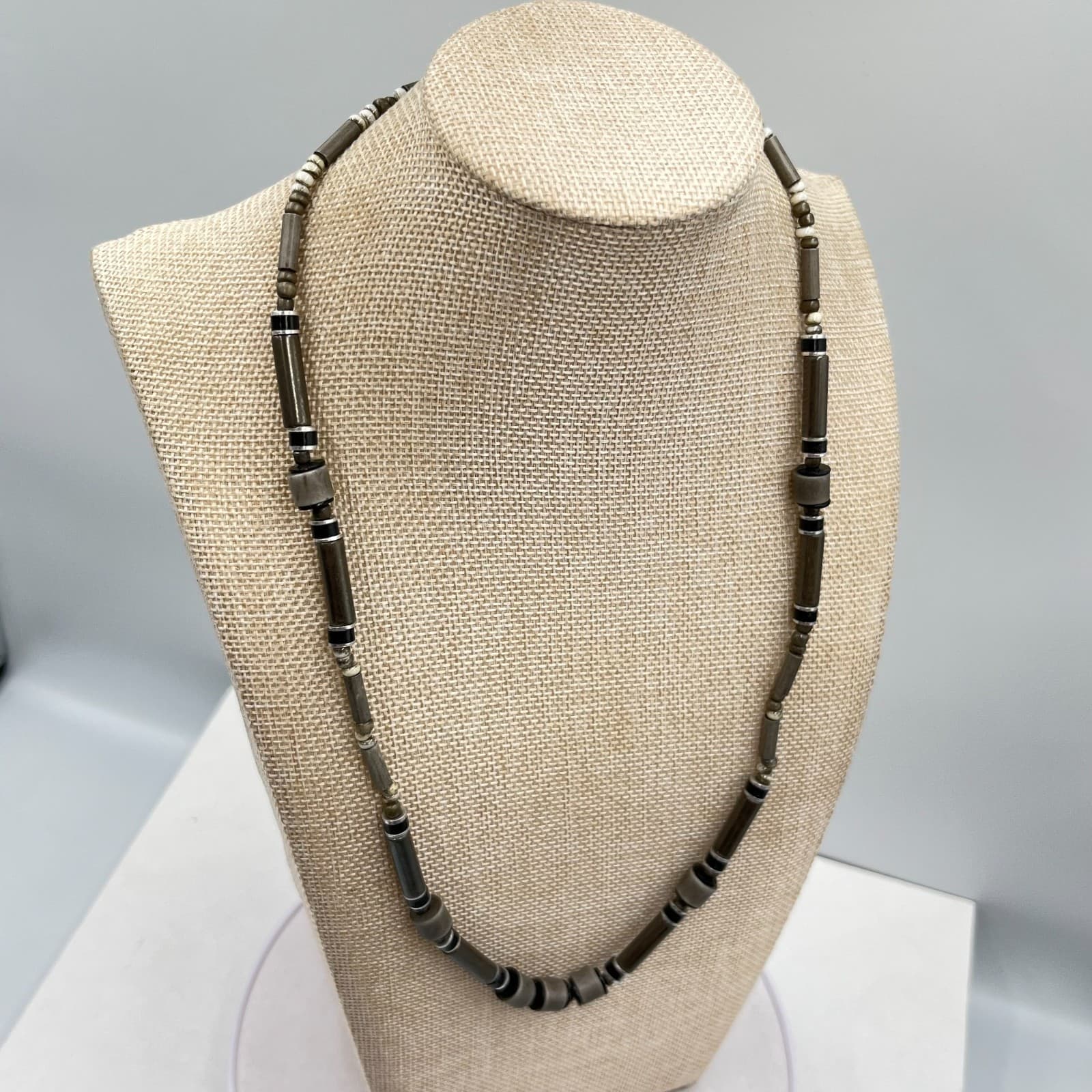 Vintage Retro Earthy Grey Stone & Wood Tube Bead Necklace Boho Tribal Style - Thumbnail 8
