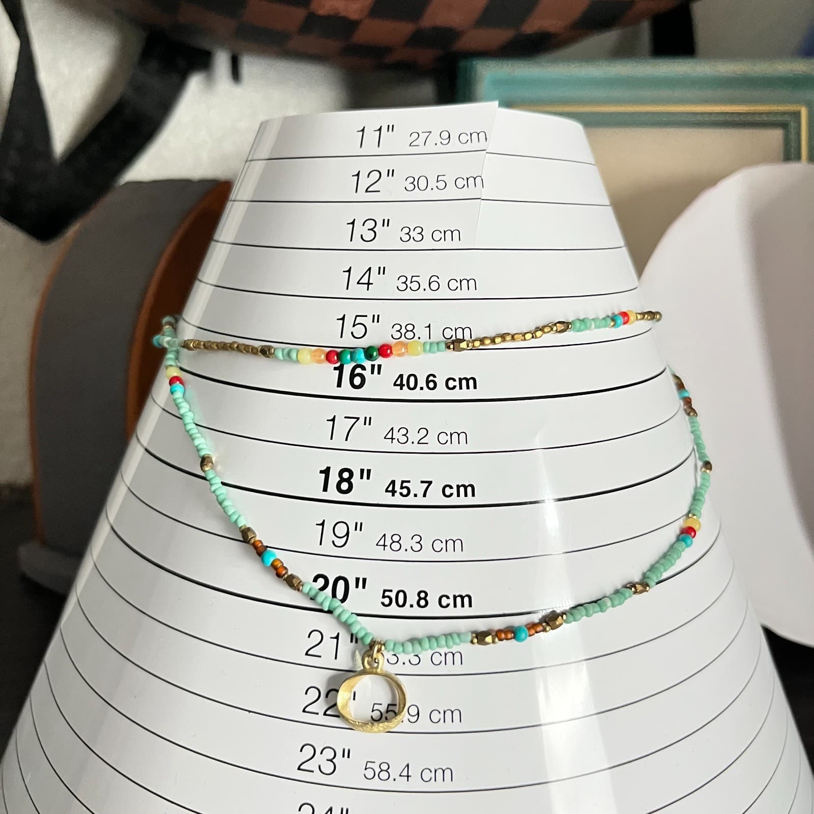 VTG Nakamol Multi-Strand Seed Bead Necklace Aqua Gold Tone Hammered Ring Pendant - Thumbnail 9