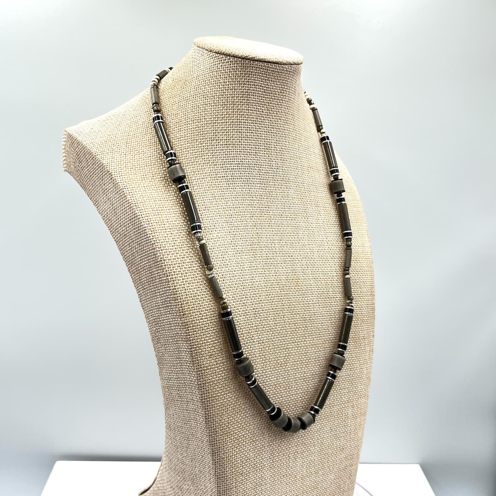 Vintage Retro Earthy Grey Stone & Wood Tube Bead Necklace Boho Tribal Style - Thumbnail 7