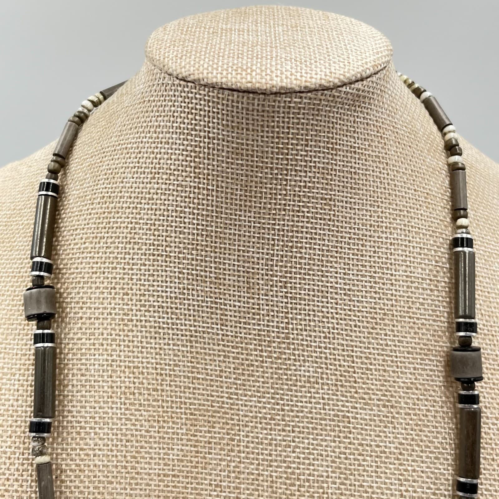 Vintage Retro Earthy Grey Stone & Wood Tube Bead Necklace Boho Tribal Style - Thumbnail 6