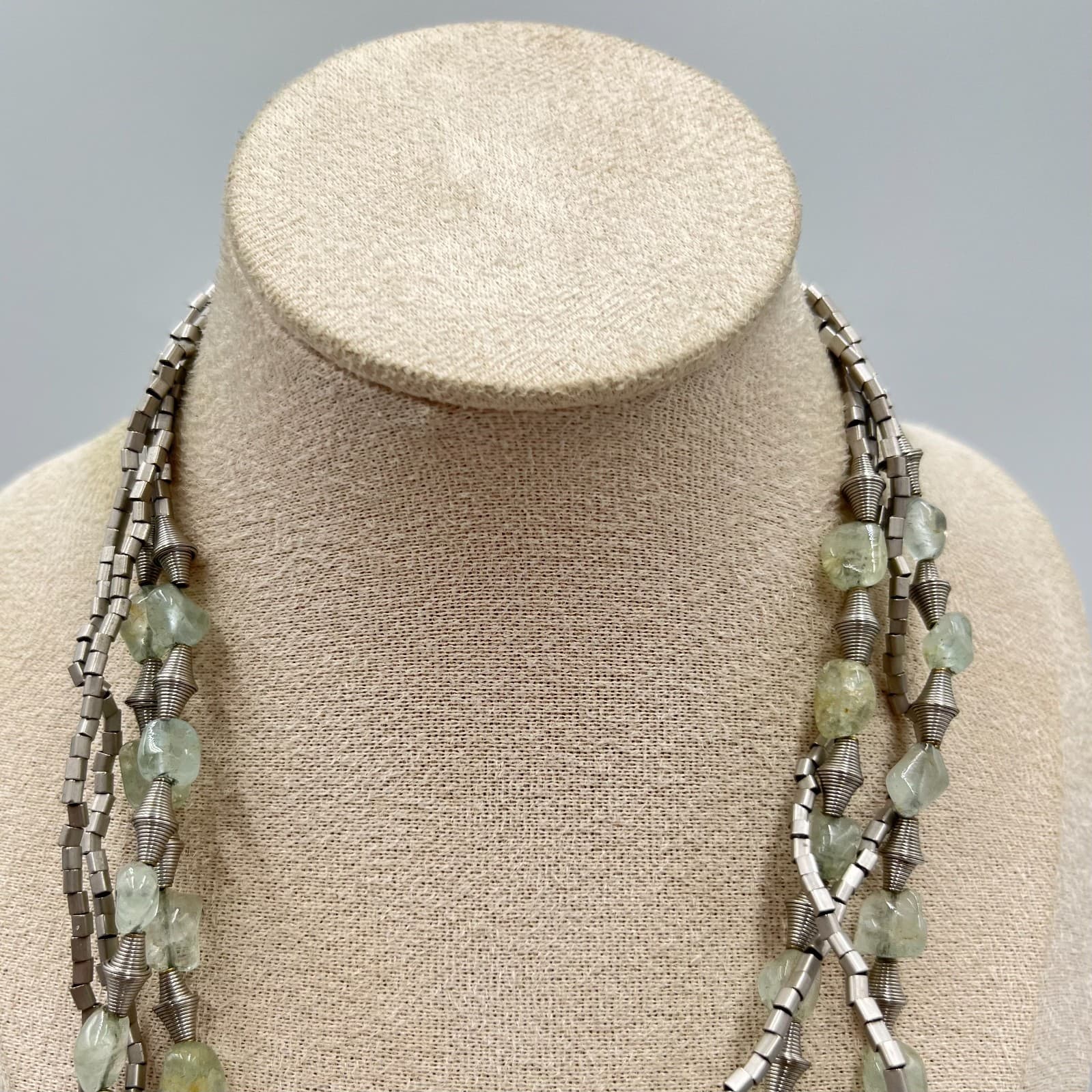 Vintage Boho Multi-Strand Silver Tone Necklace Pale Green Stone Raw Nuggets - Thumbnail 2