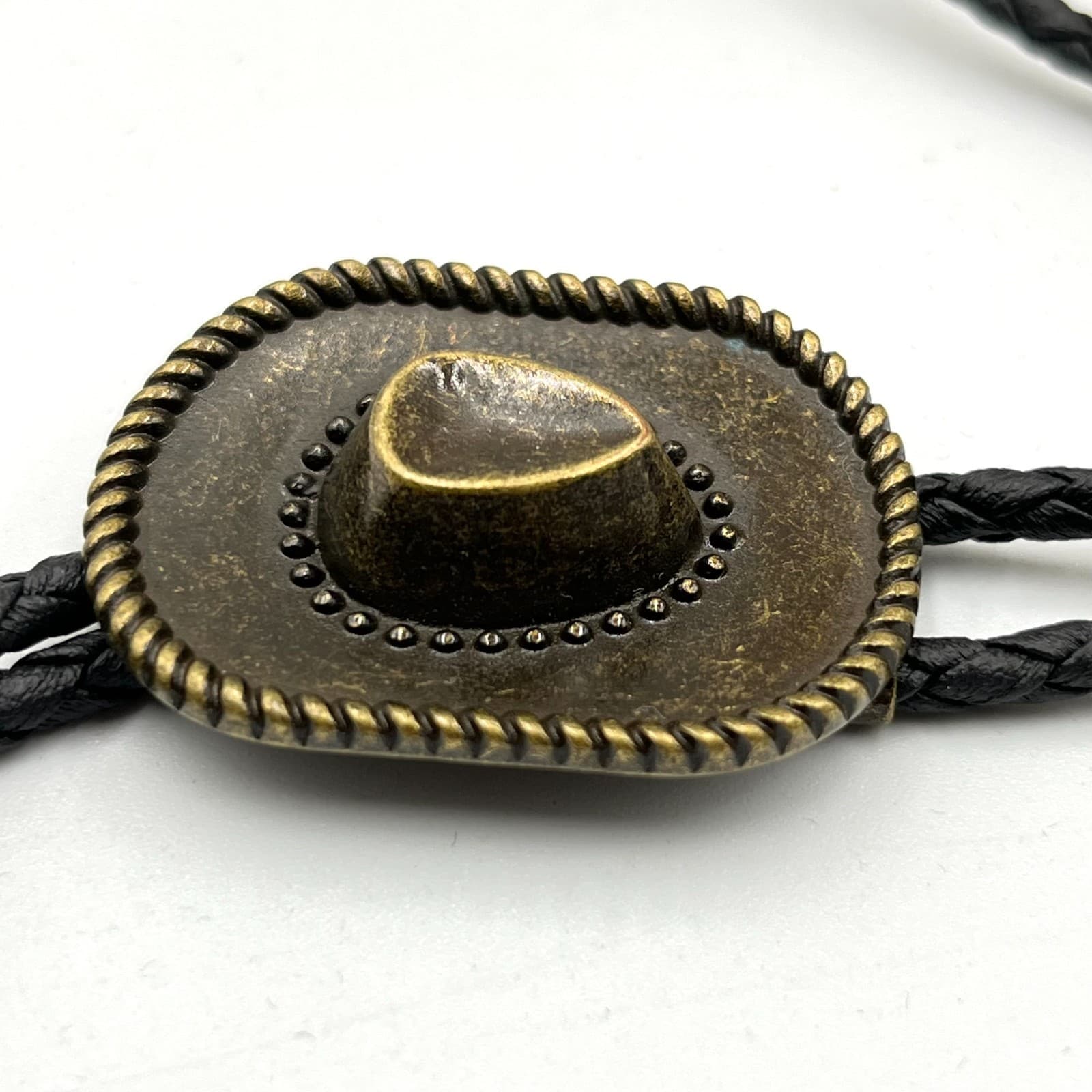 VTG Bronze Tone Cowboy Hat Bolo Tie Western Braided Black Leather Southwestern - Thumbnail 4