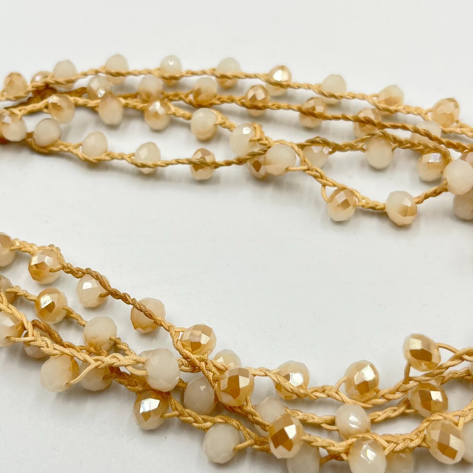 Vintage Champagne Crystal Crochet Silk Cord Necklace Boho Long Layering Wrap - Thumbnail 3