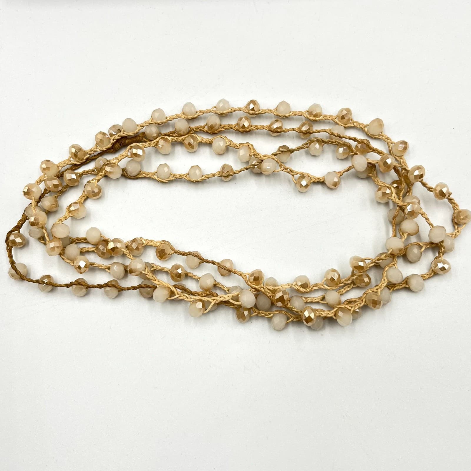 Vintage Champagne Crystal Crochet Silk Cord Necklace Boho Long Layering Wrap - Thumbnail 2