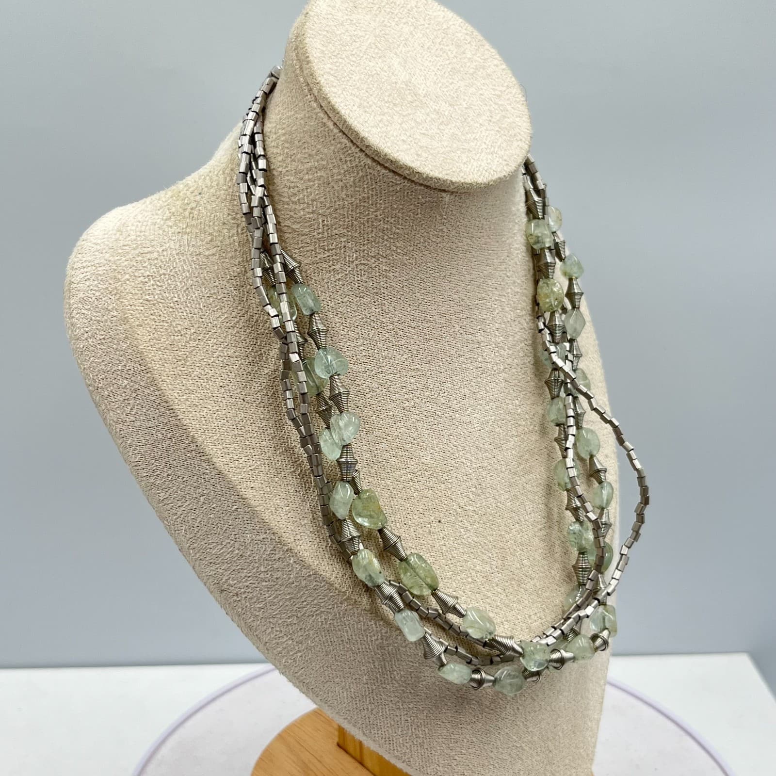 Vintage Boho Multi-Strand Silver Tone Necklace Pale Green Stone Raw Nuggets - Thumbnail 4