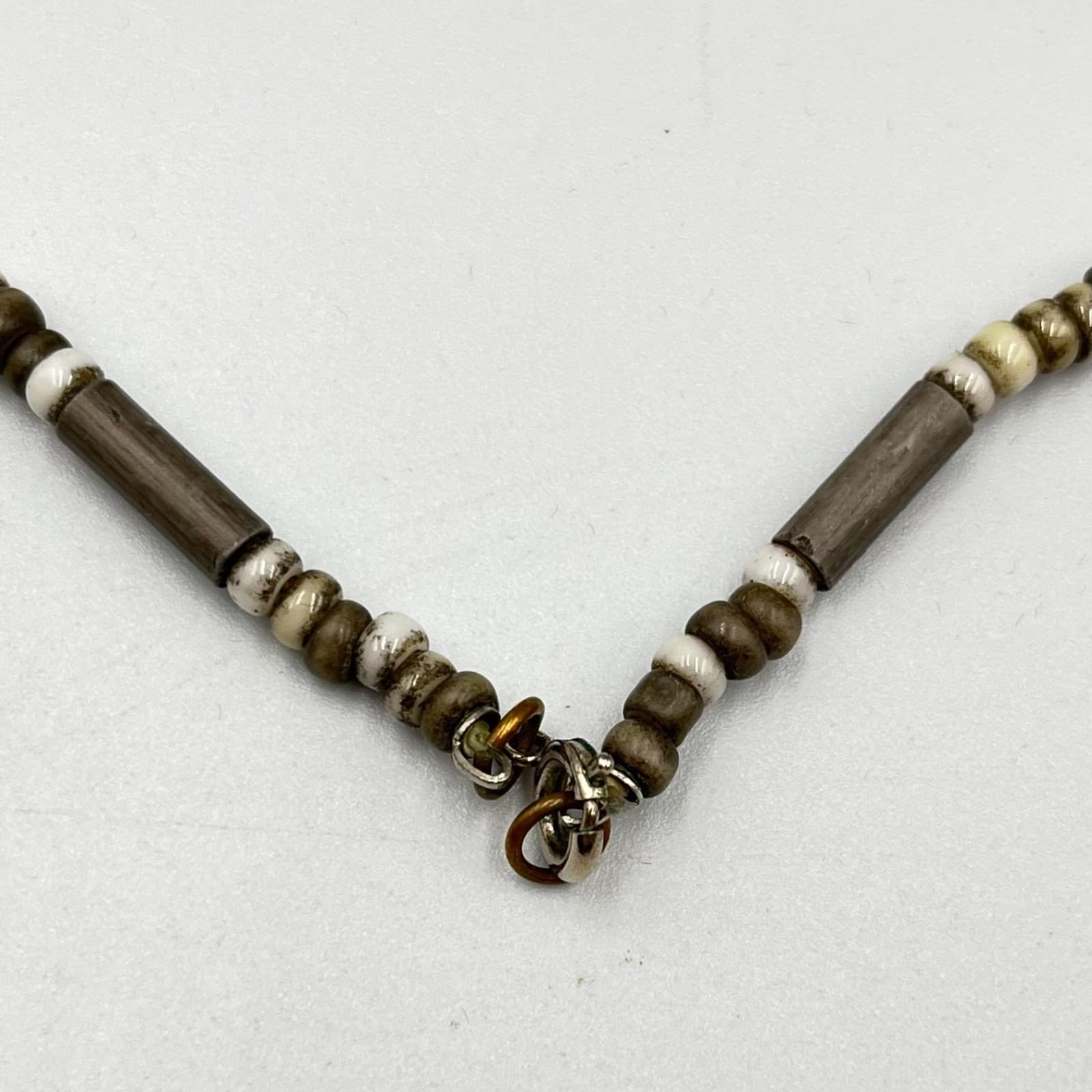 Vintage Retro Earthy Grey Stone & Wood Tube Bead Necklace Boho Tribal Style - Thumbnail 3