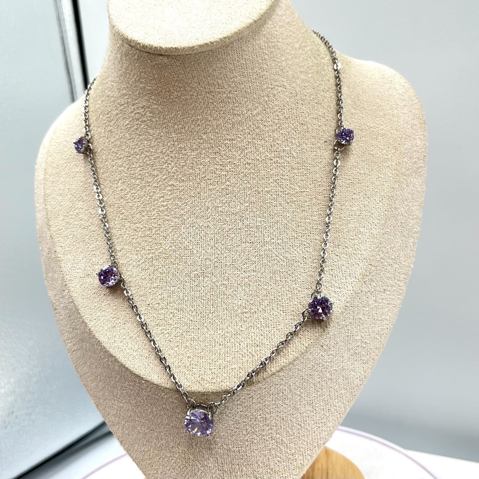 Vintage Charming Charlie Silver Tone Lavender CZ Station Necklace Retro Y2K Glam - Thumbnail 7