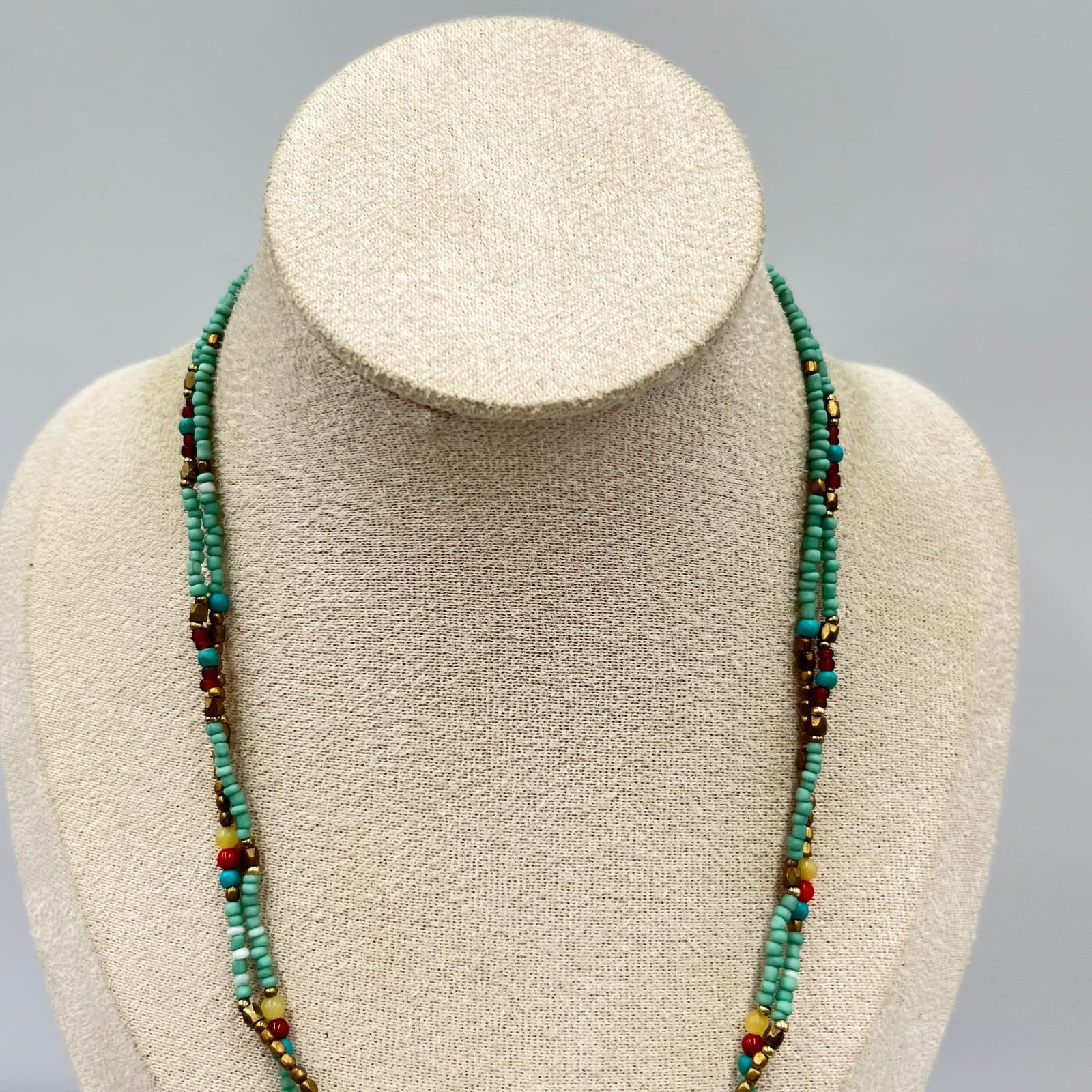 VTG Nakamol Multi-Strand Seed Bead Necklace Aqua Gold Tone Hammered Ring Pendant - Thumbnail 6