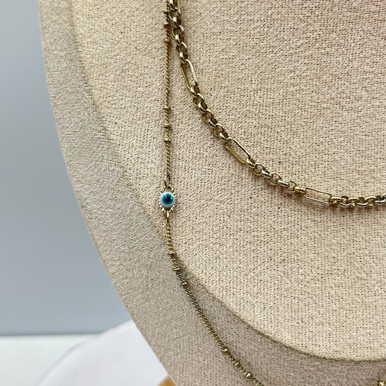 VTG Gold Layered Evil Eye Necklace Set Protection Amulet Figaro & Station Chain - Thumbnail 2