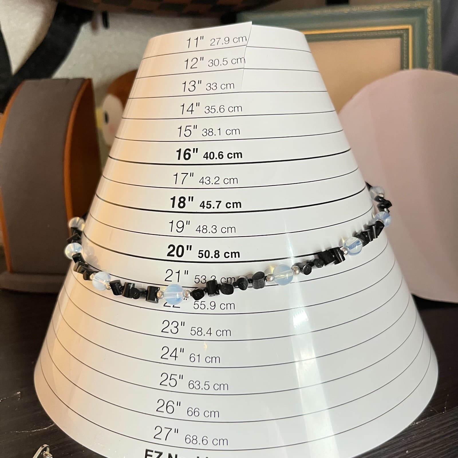 Vintage Retro Black Onyx & Opalite Beaded Necklace - 22" Boho Chic Strand Barrel - Thumbnail 6