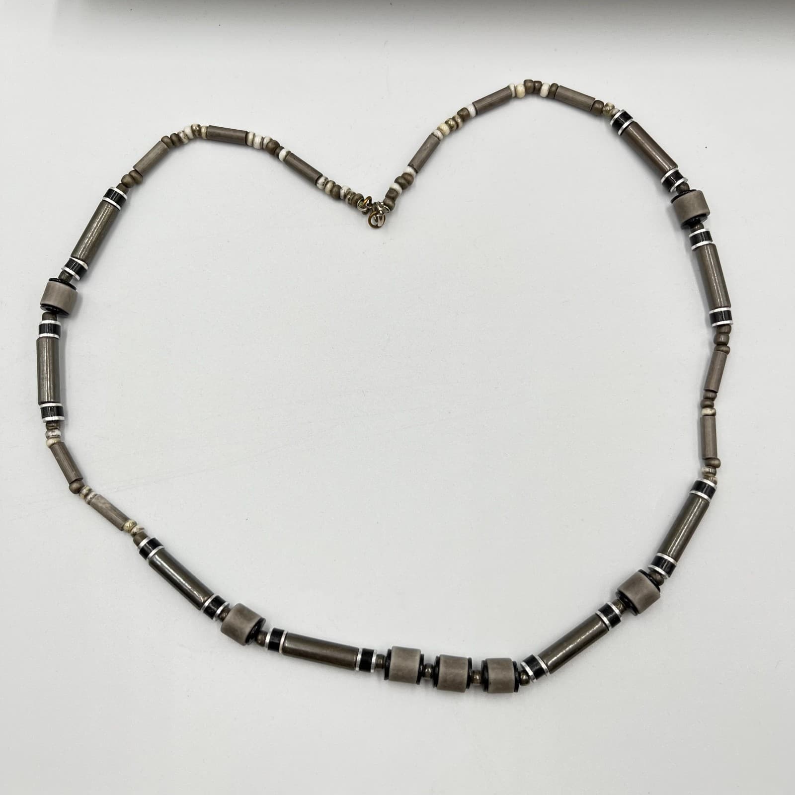 Vintage Retro Earthy Grey Stone & Wood Tube Bead Necklace Boho Tribal Style - Thumbnail 2