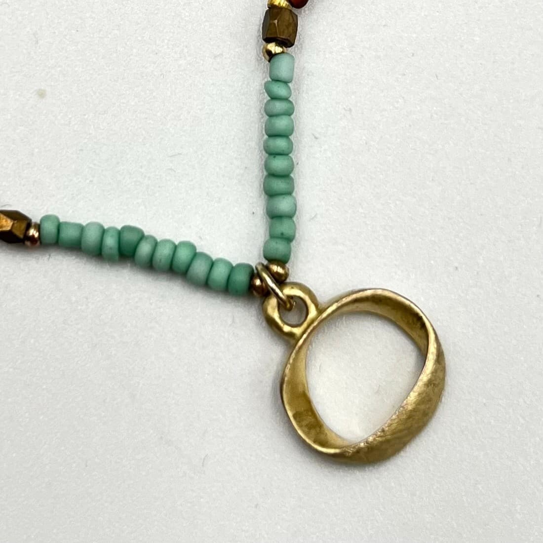 VTG Nakamol Multi-Strand Seed Bead Necklace Aqua Gold Tone Hammered Ring Pendant - Thumbnail 4