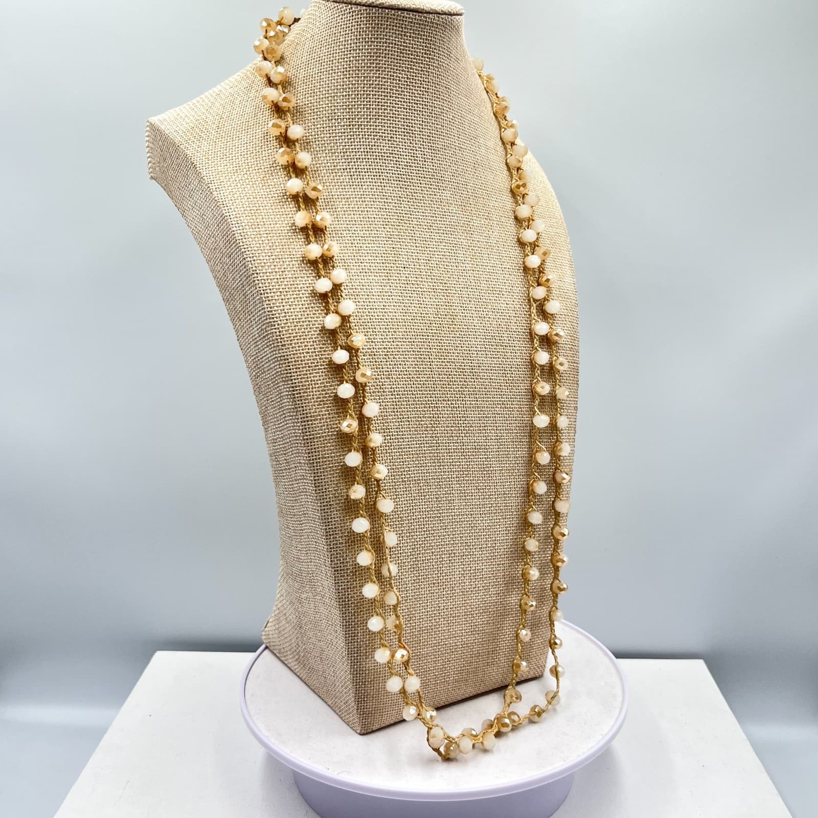 Vintage Champagne Crystal Crochet Silk Cord Necklace Boho Long Layering Wrap - Thumbnail 7