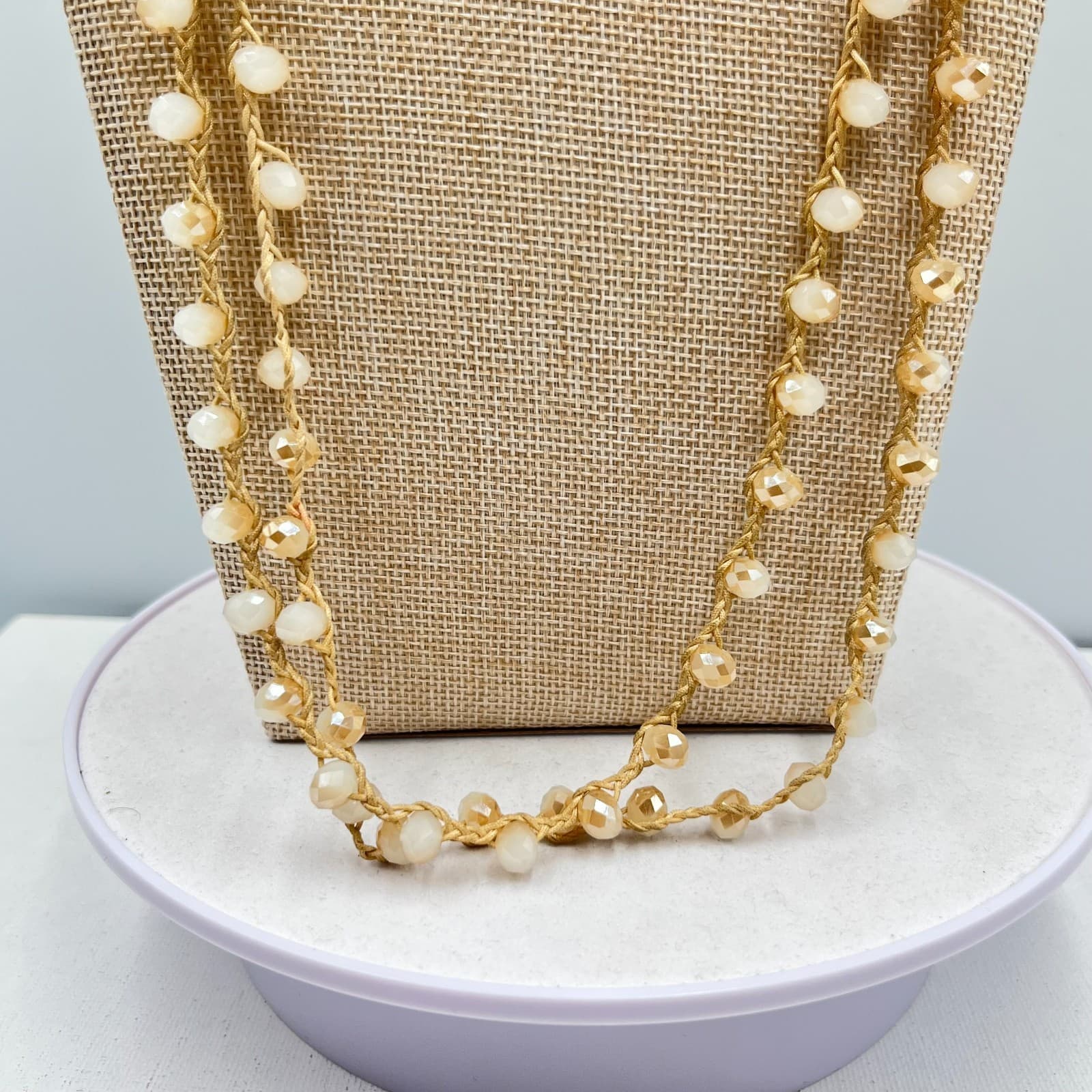 Vintage Champagne Crystal Crochet Silk Cord Necklace Boho Long Layering Wrap - Thumbnail 6