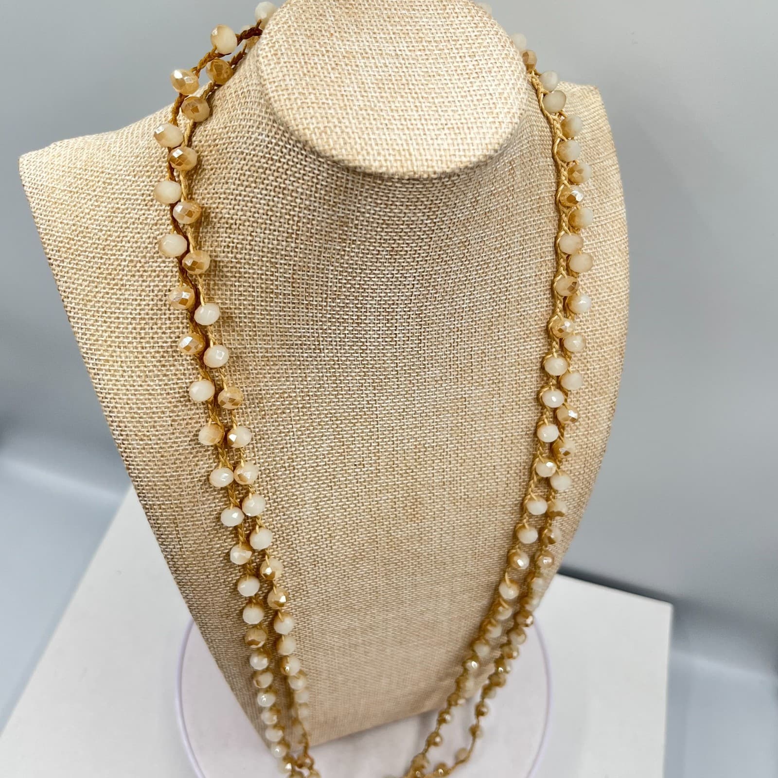 Vintage Champagne Crystal Crochet Silk Cord Necklace Boho Long Layering Wrap - Thumbnail 8