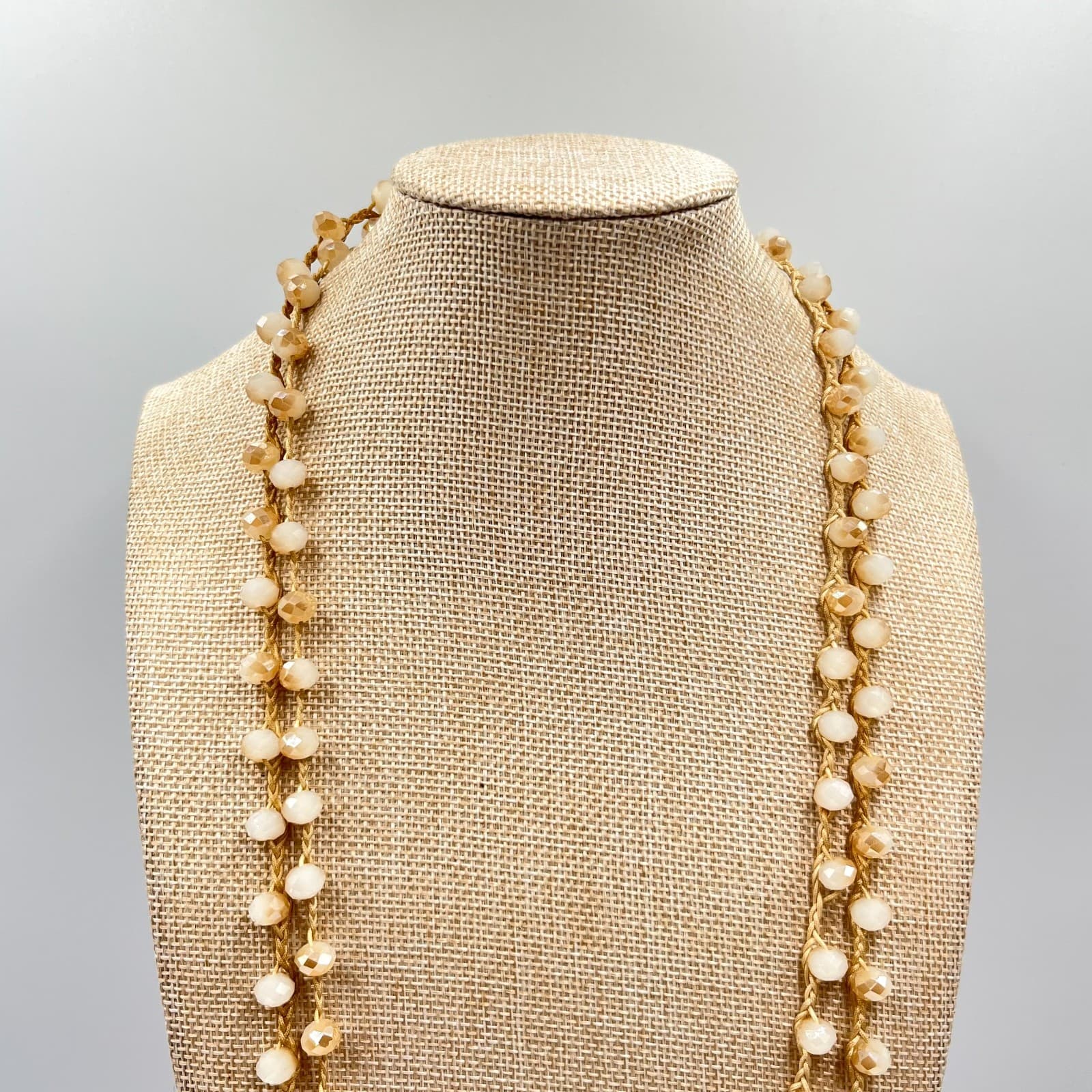 Vintage Champagne Crystal Crochet Silk Cord Necklace Boho Long Layering Wrap - Thumbnail 5