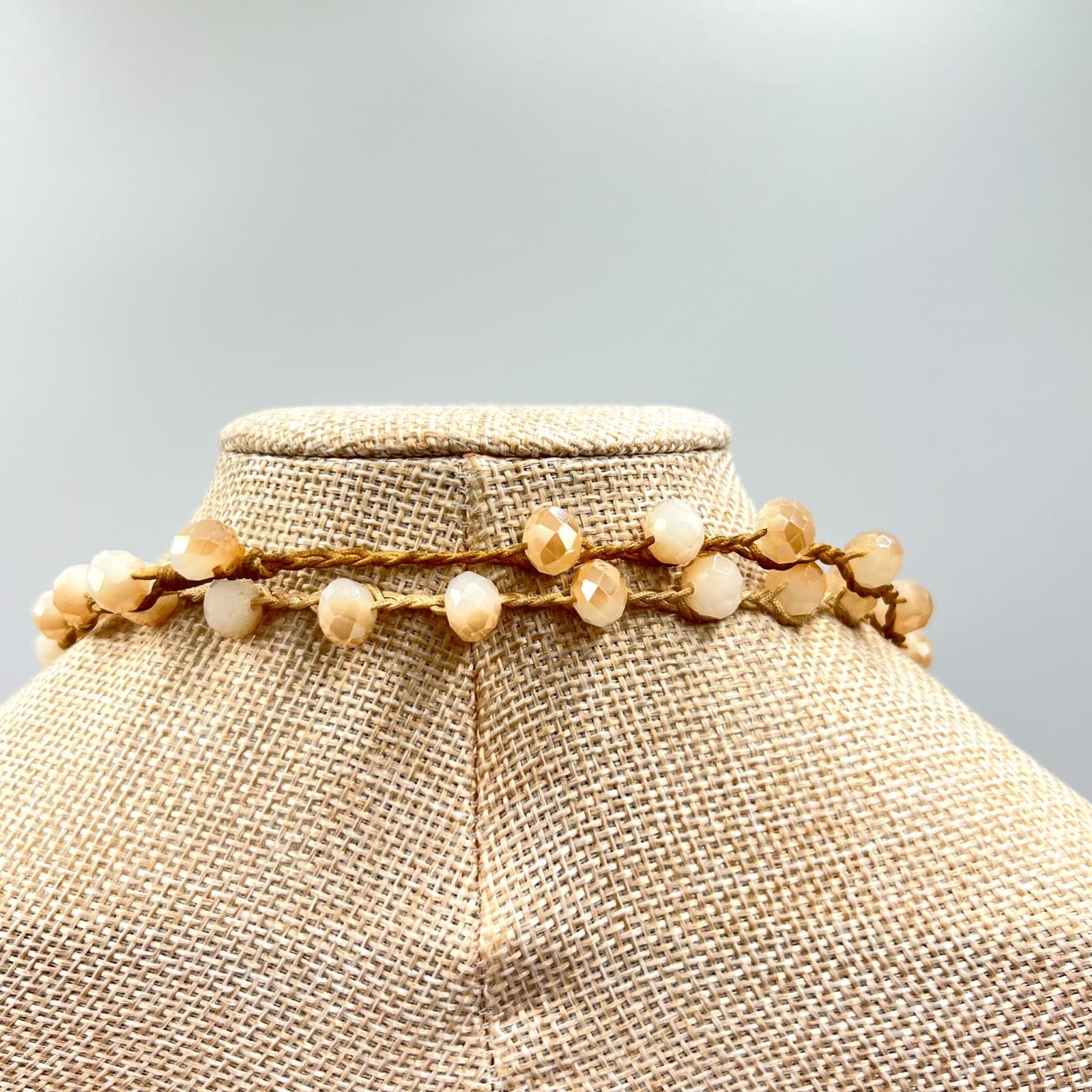 Vintage Champagne Crystal Crochet Silk Cord Necklace Boho Long Layering Wrap - Thumbnail 9