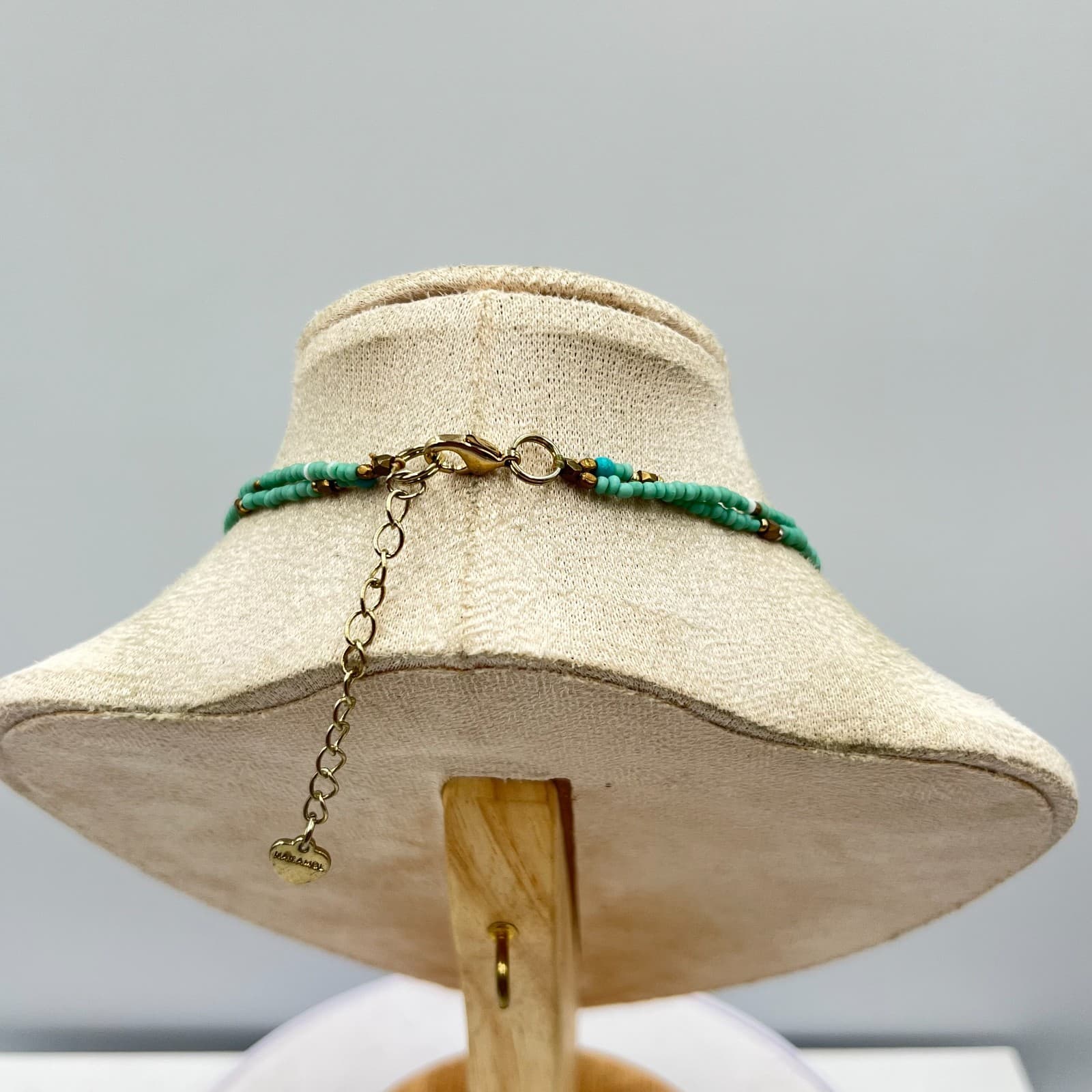 VTG Nakamol Multi-Strand Seed Bead Necklace Aqua Gold Tone Hammered Ring Pendant - Thumbnail 8