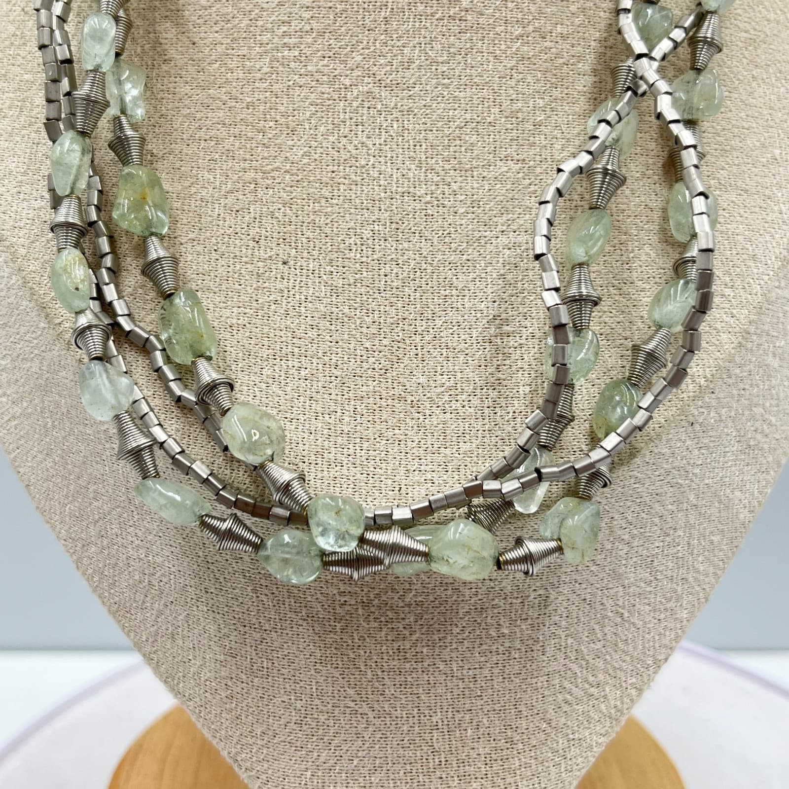 Vintage Boho Multi-Strand Silver Tone Necklace Pale Green Stone Raw Nuggets - Thumbnail 3