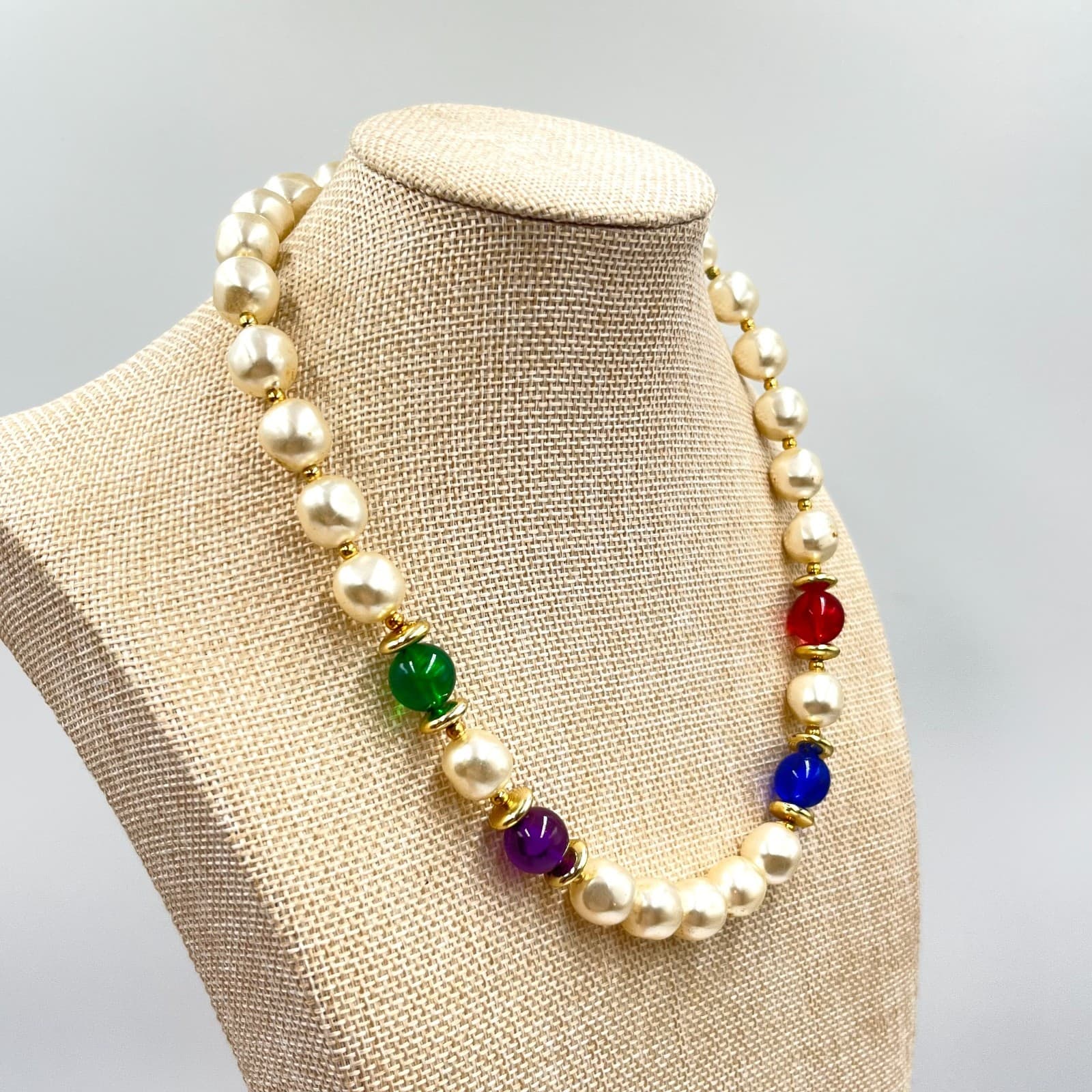 Vintage Faux Pearl Necklace with Multi-Color Glass Accents - Retro Chic Fashion - Thumbnail 7
