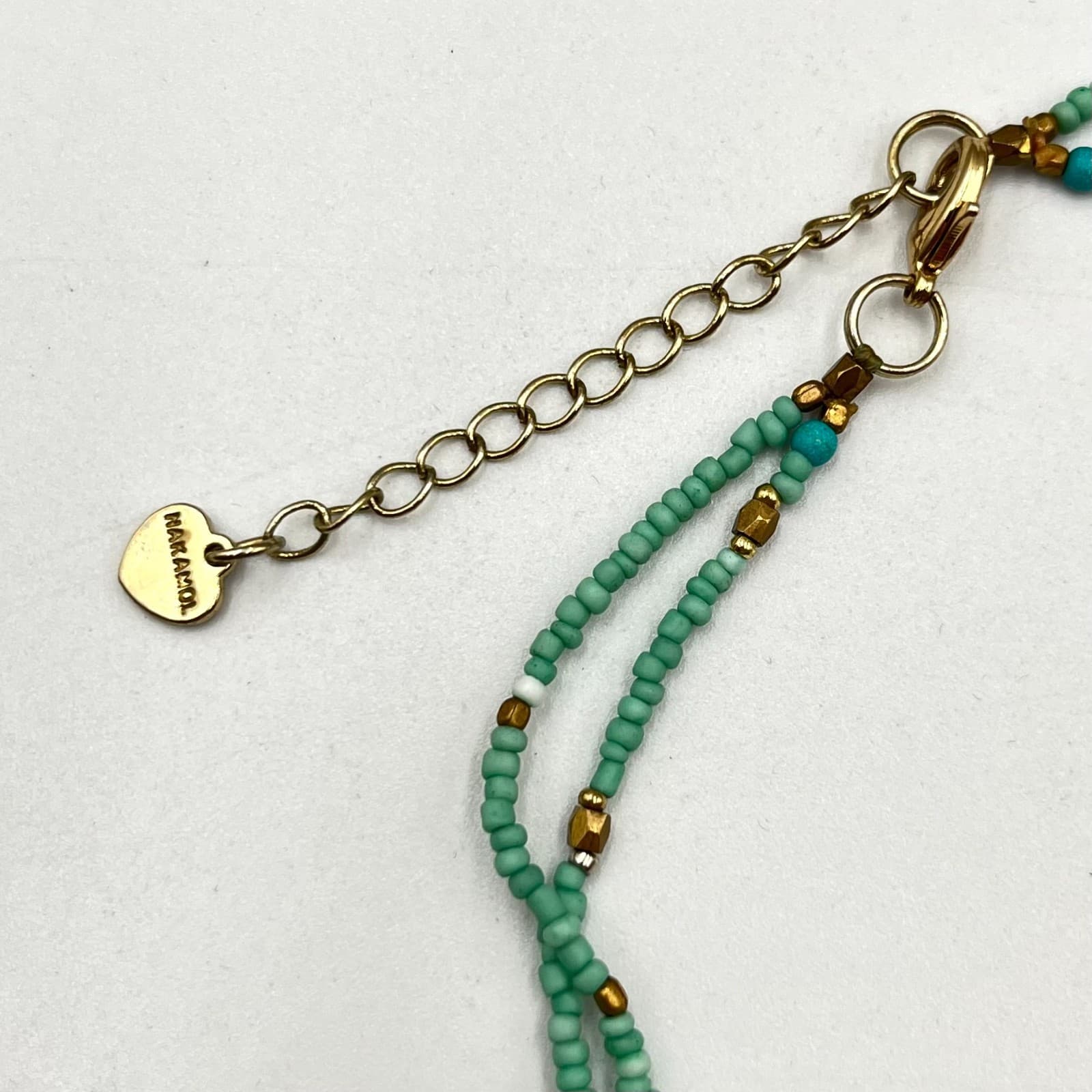 VTG Nakamol Multi-Strand Seed Bead Necklace Aqua Gold Tone Hammered Ring Pendant - Thumbnail 5