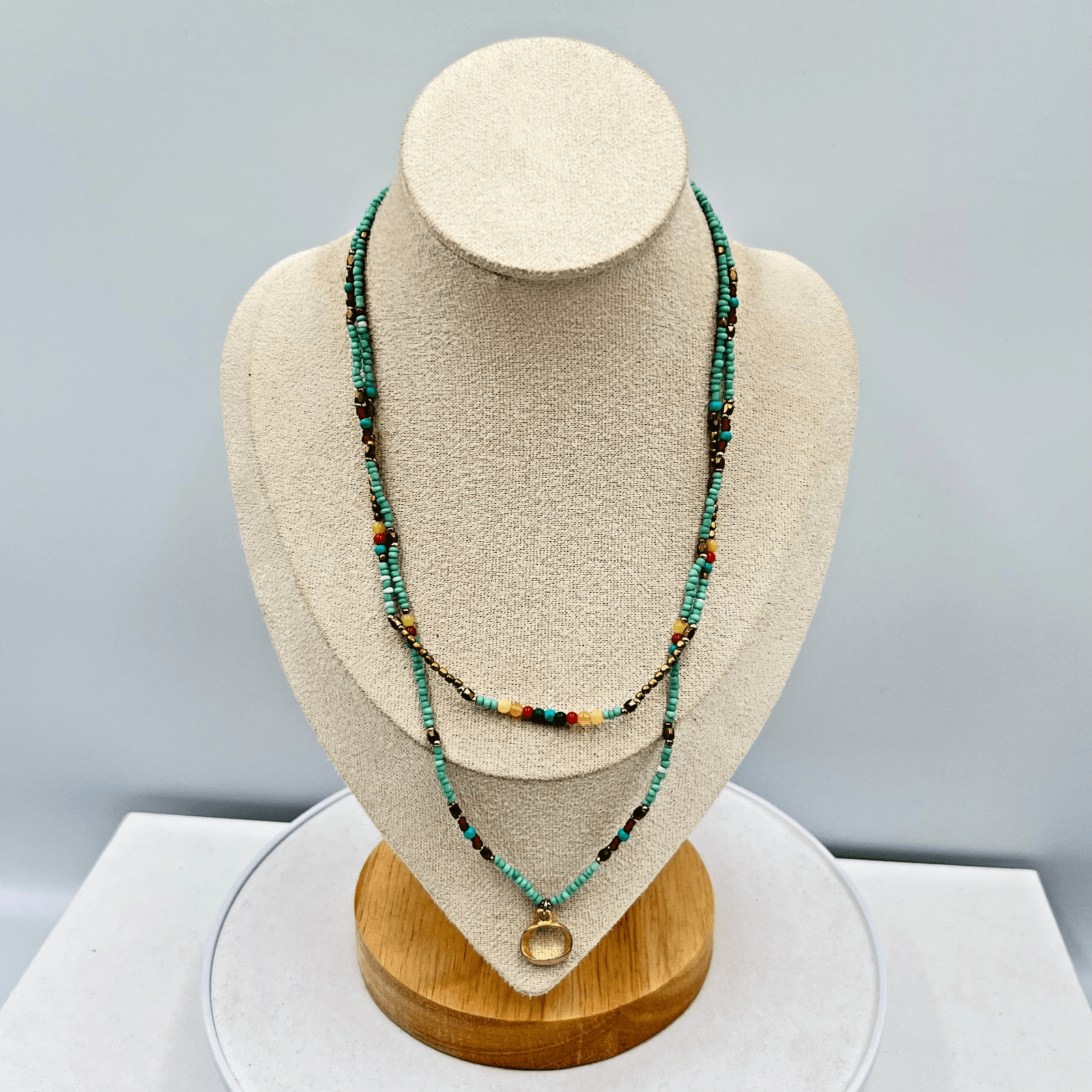 VTG Nakamol Multi-Strand Seed Bead Necklace Aqua Gold Tone Hammered Ring Pendant - Thumbnail 2