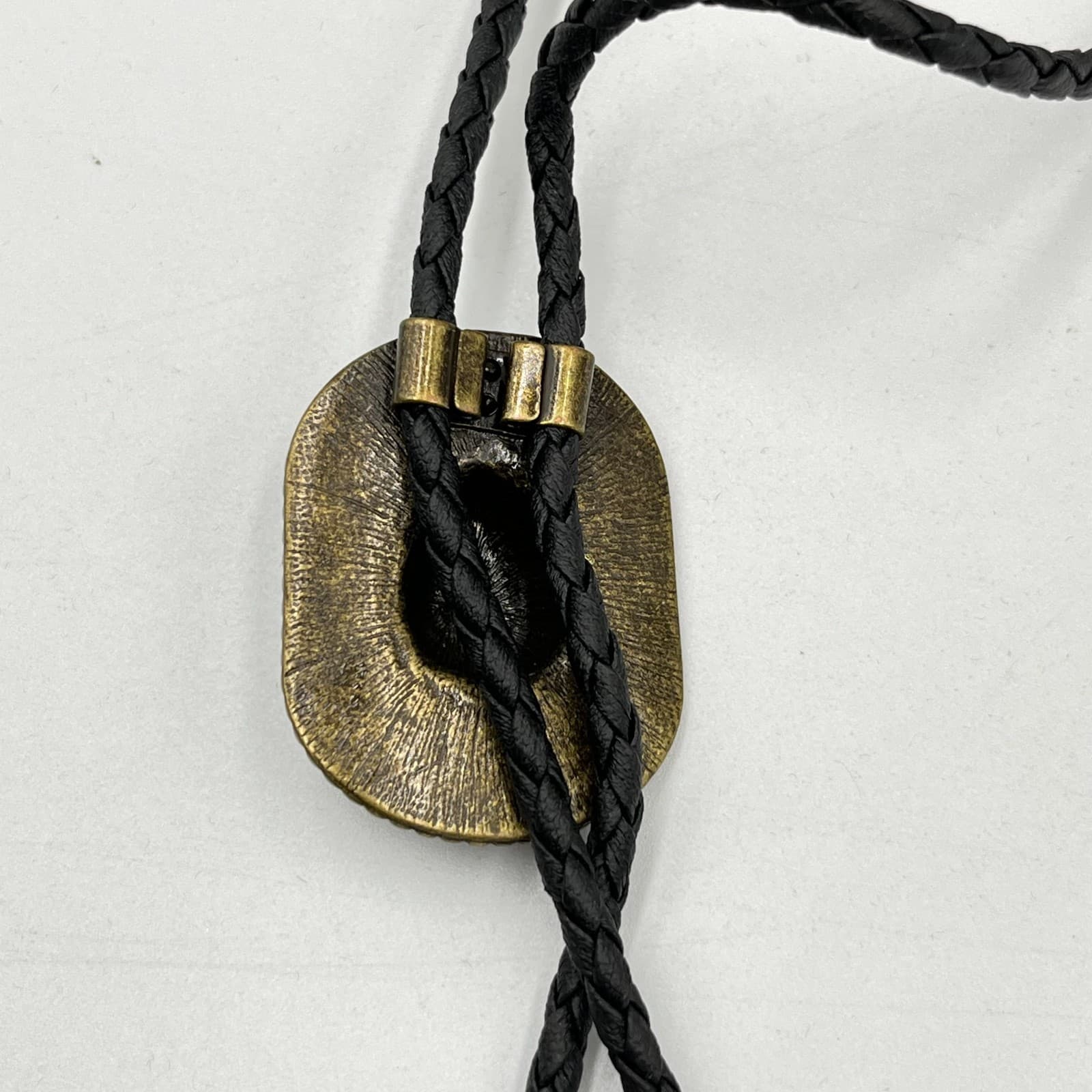 VTG Bronze Tone Cowboy Hat Bolo Tie Western Braided Black Leather Southwestern - Thumbnail 5