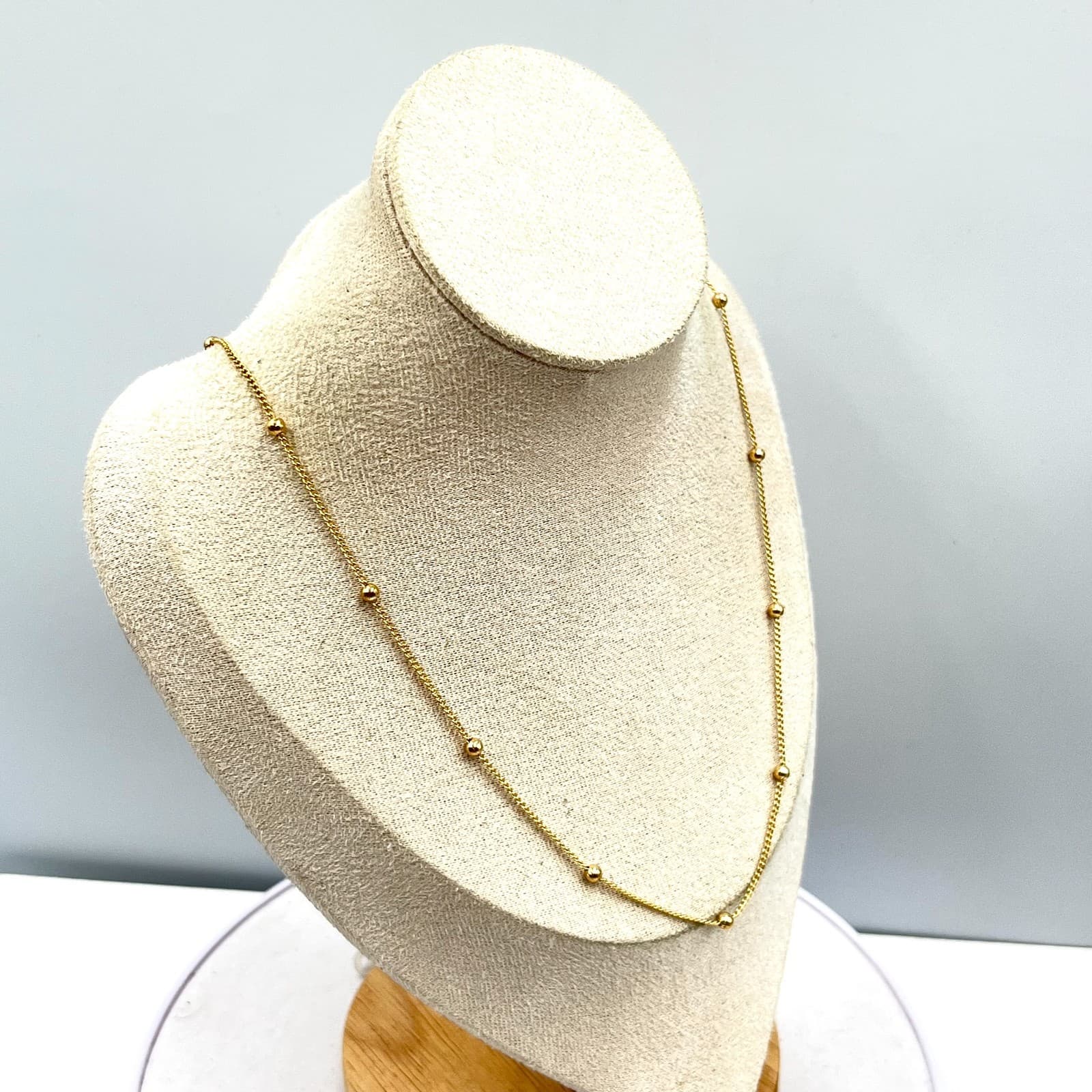 VTG Gold Tone Beaded Station Necklace Minimalist Dainty Curb Link 24" Fashion - Thumbnail 5