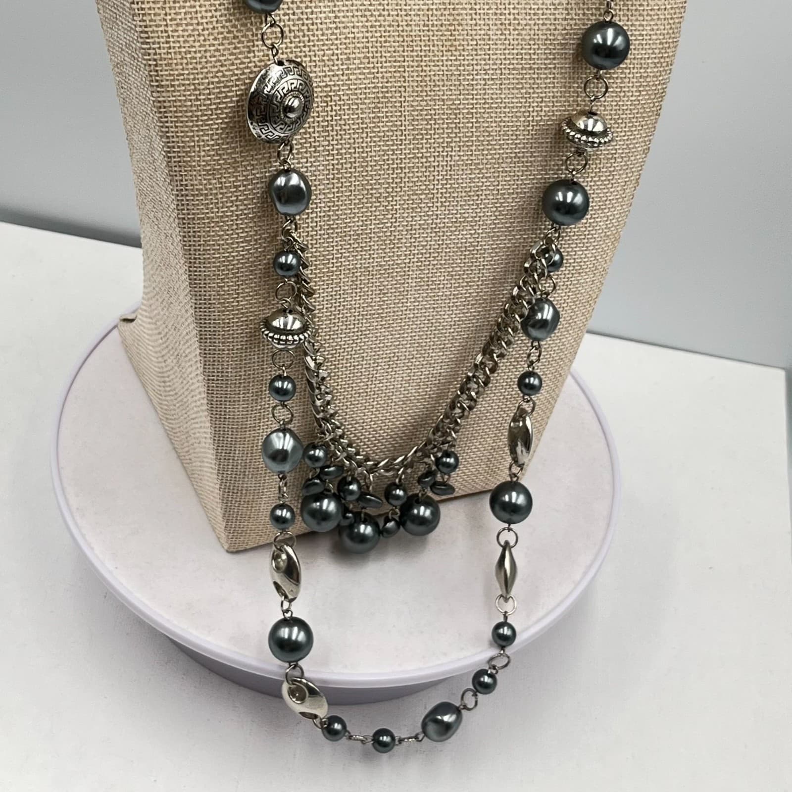 Vintage Greek Key Medallion Multi-Strand Necklace Faux Pearl Silver Tone Retro - Thumbnail 9