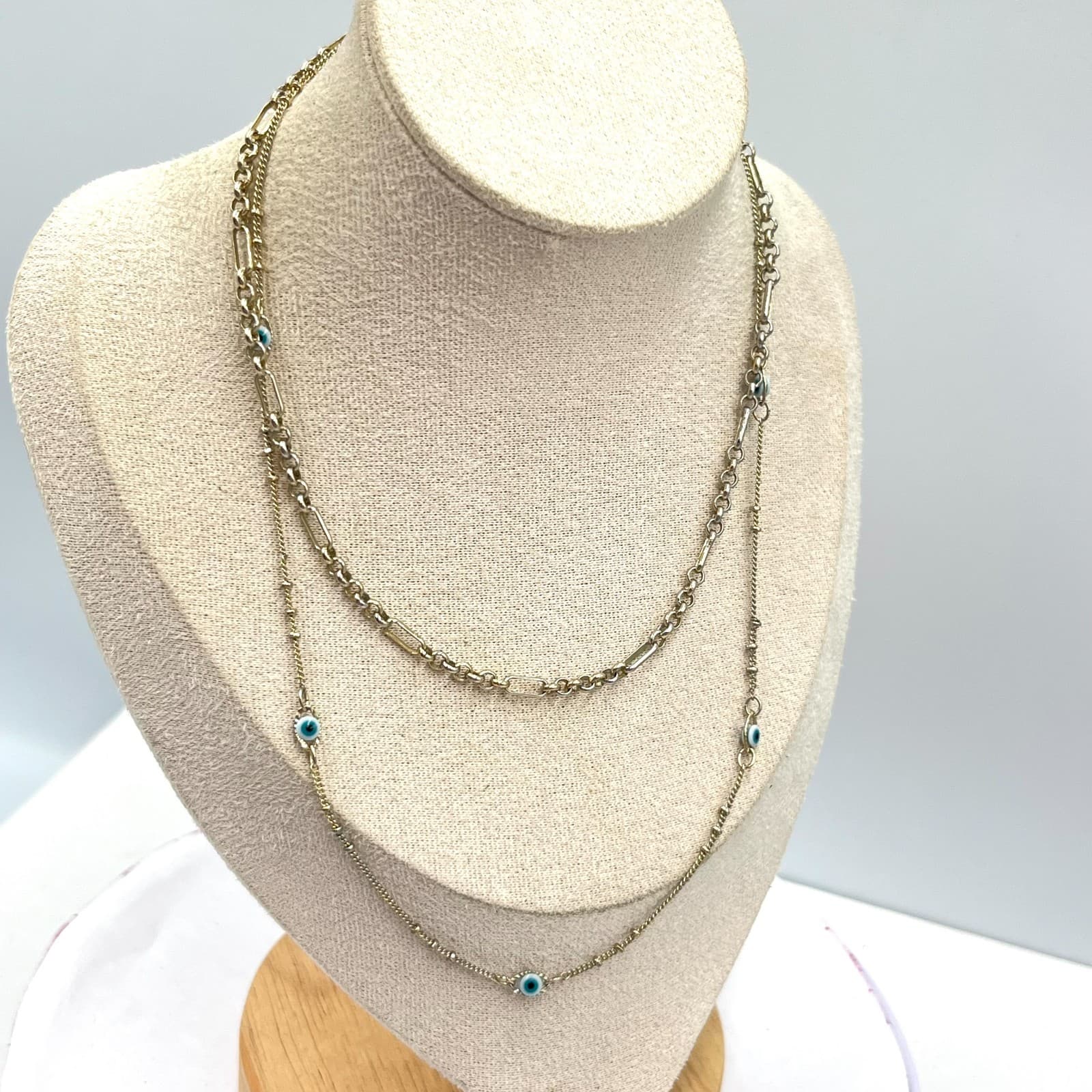 VTG Gold Layered Evil Eye Necklace Set Protection Amulet Figaro & Station Chain - Thumbnail 3