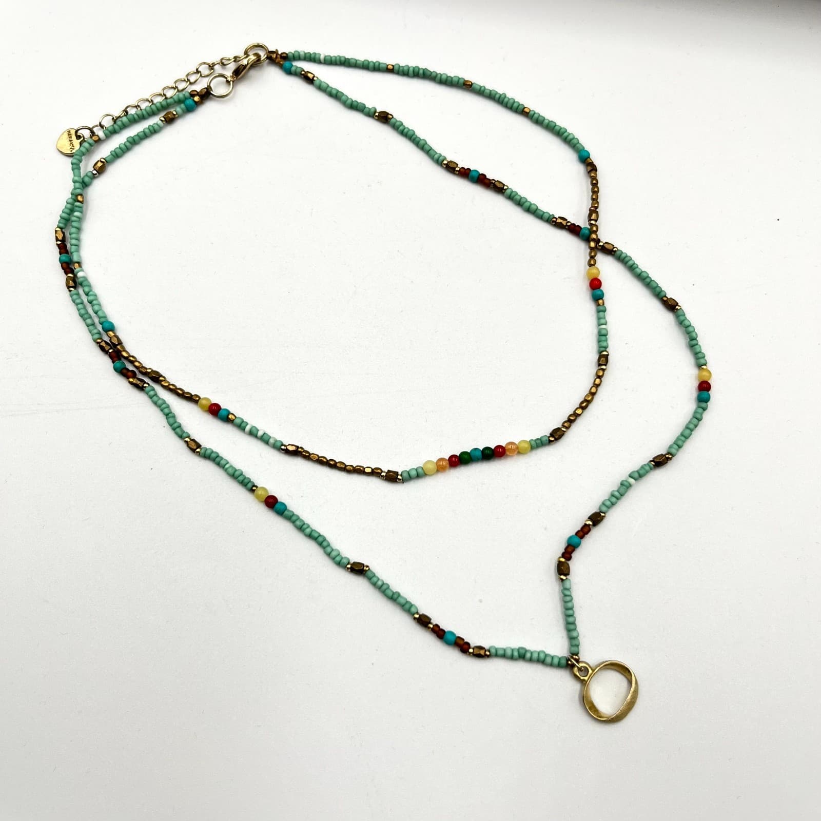 VTG Nakamol Multi-Strand Seed Bead Necklace Aqua Gold Tone Hammered Ring Pendant - Thumbnail 3
