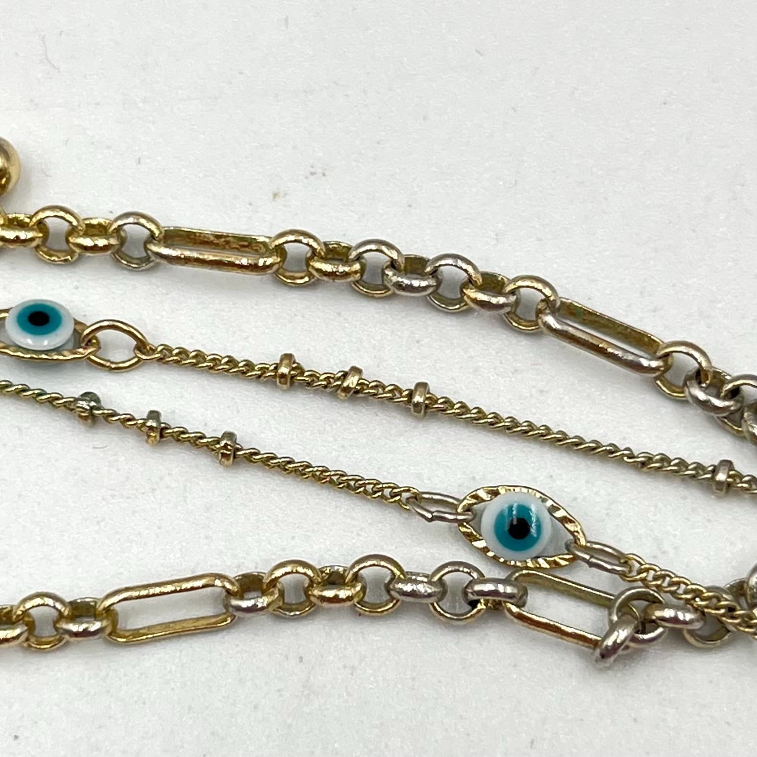 VTG Gold Layered Evil Eye Necklace Set Protection Amulet Figaro & Station Chain - Thumbnail 5