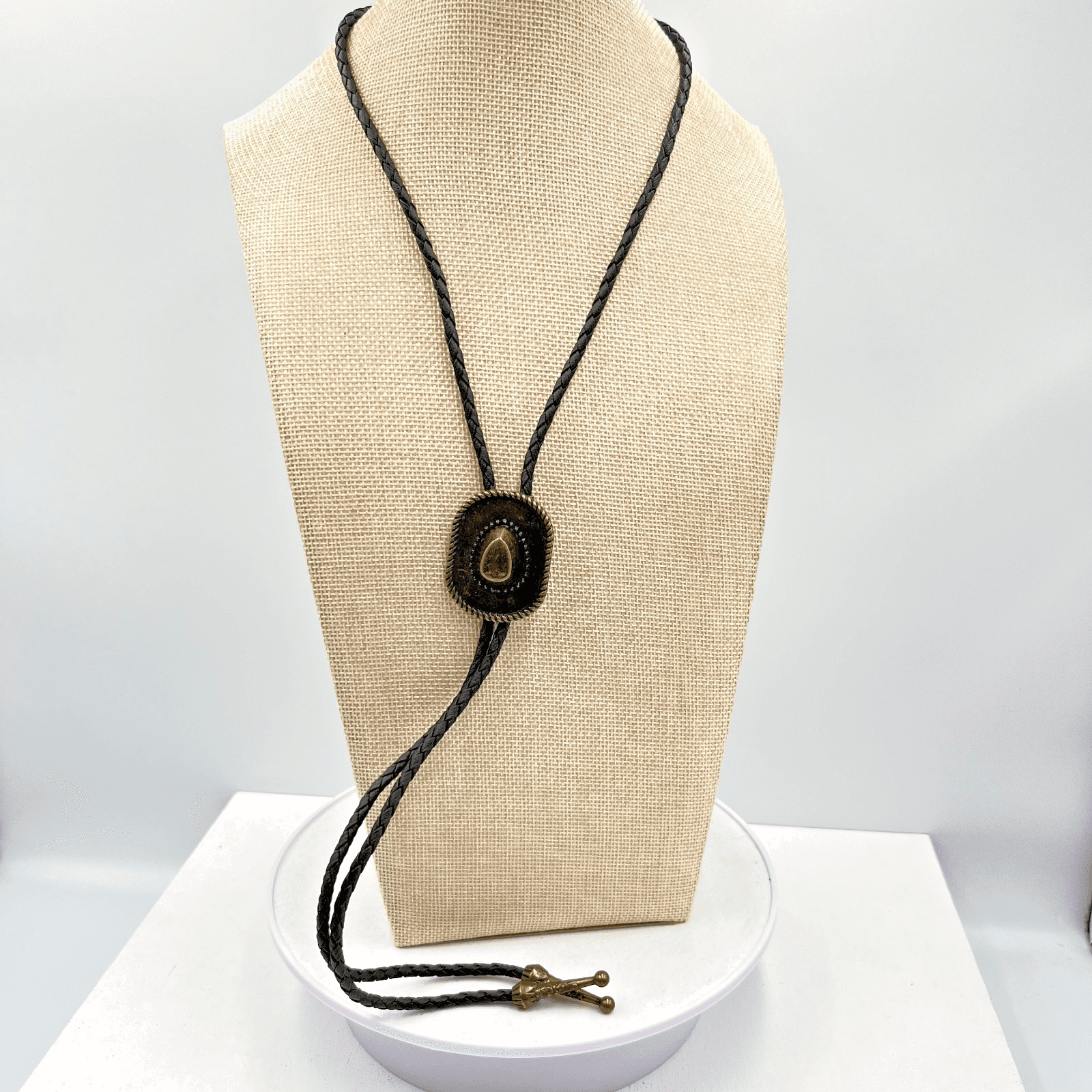 VTG Bronze Tone Cowboy Hat Bolo Tie Western Braided Black Leather Southwestern - Thumbnail 2