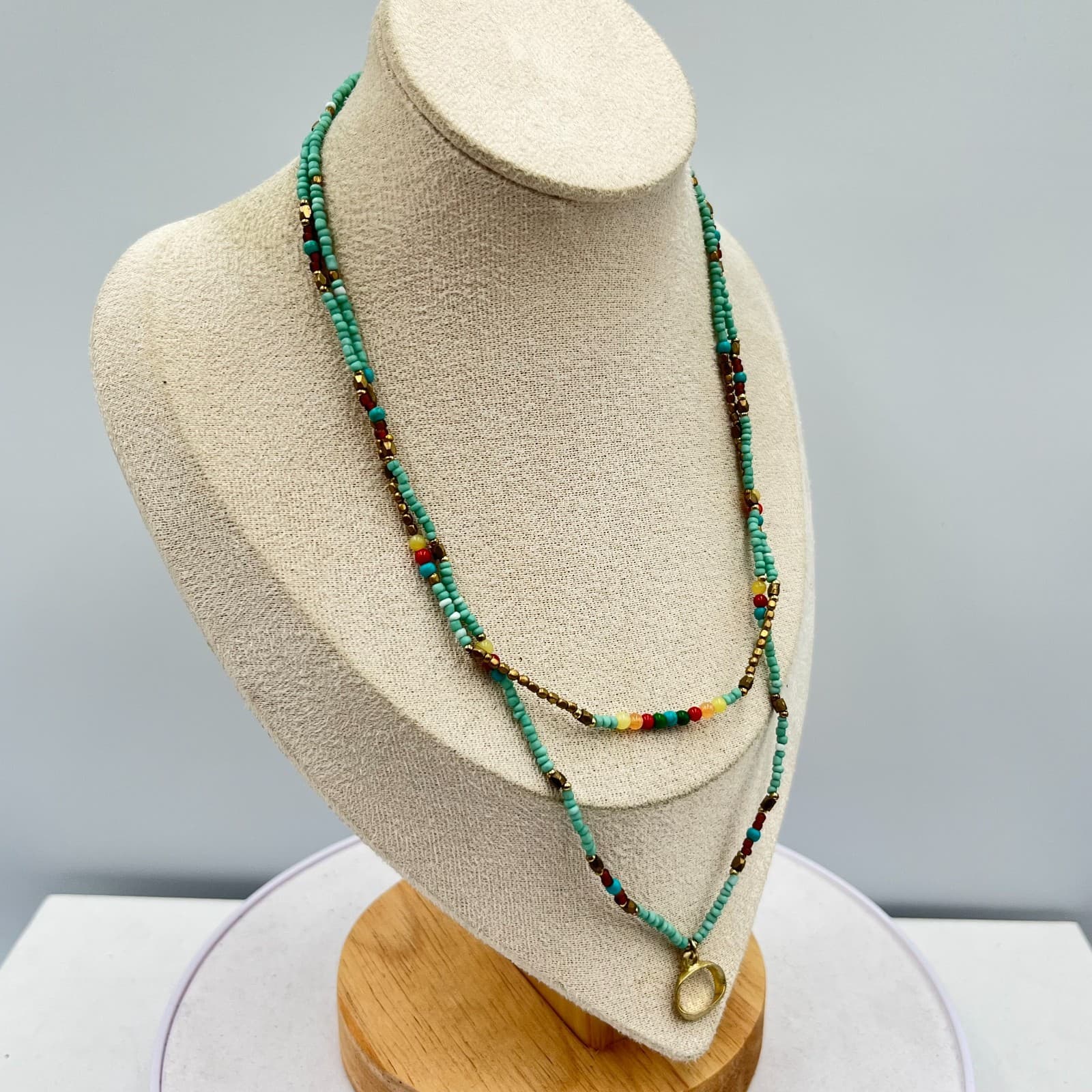 VTG Nakamol Multi-Strand Seed Bead Necklace Aqua Gold Tone Hammered Ring Pendant - Thumbnail 7