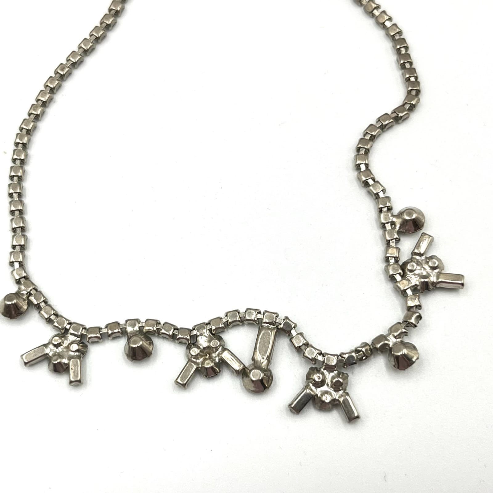 Vintage Mid-Century Crystal Fringe Choker Necklace Silver Tone Art Deco Style - Thumbnail 5