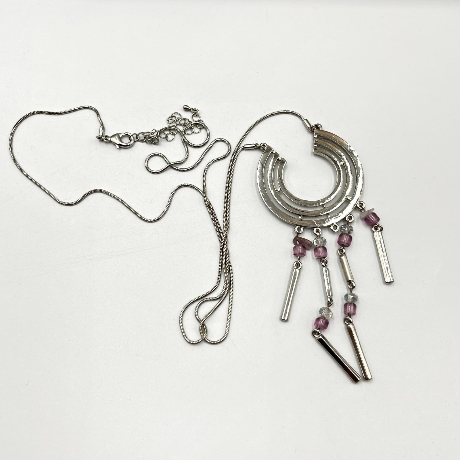 Vintage Modernist Silver Tone Geometric Crescent Tassel Necklace Purple Bead Y2K - Thumbnail 2