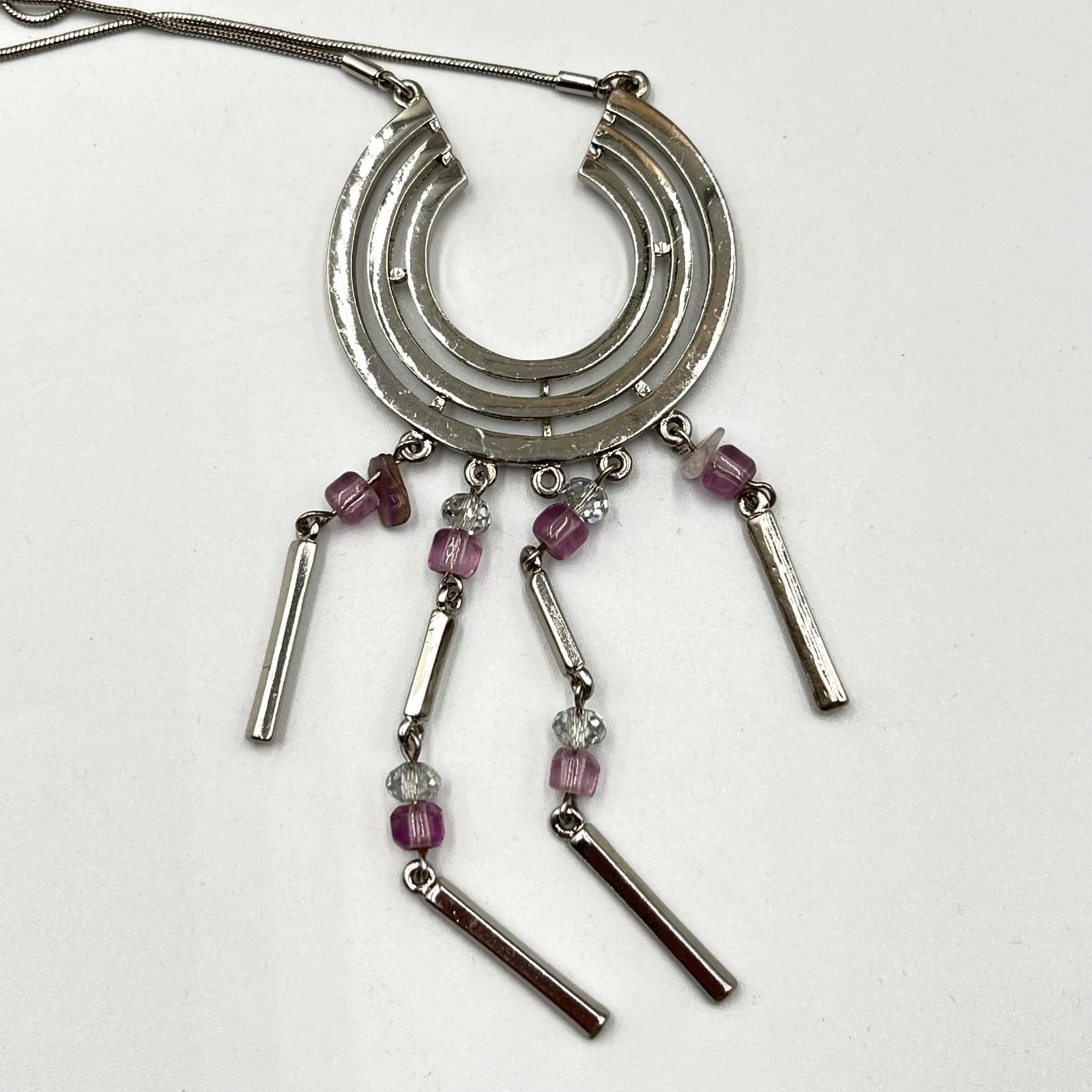 Vintage Modernist Silver Tone Geometric Crescent Tassel Necklace Purple Bead Y2K - Thumbnail 4